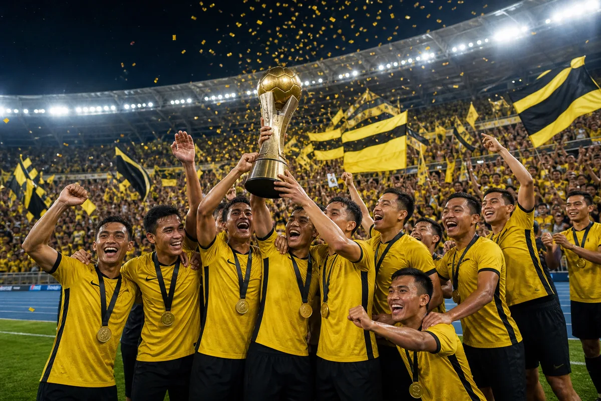 Fictional Malaysia players celebrating an AFF Championship regional title with yellow-and-black supporters