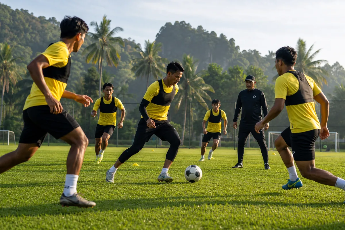 Fictional Malaysia national-team players and coach working through a fast attacking training drill