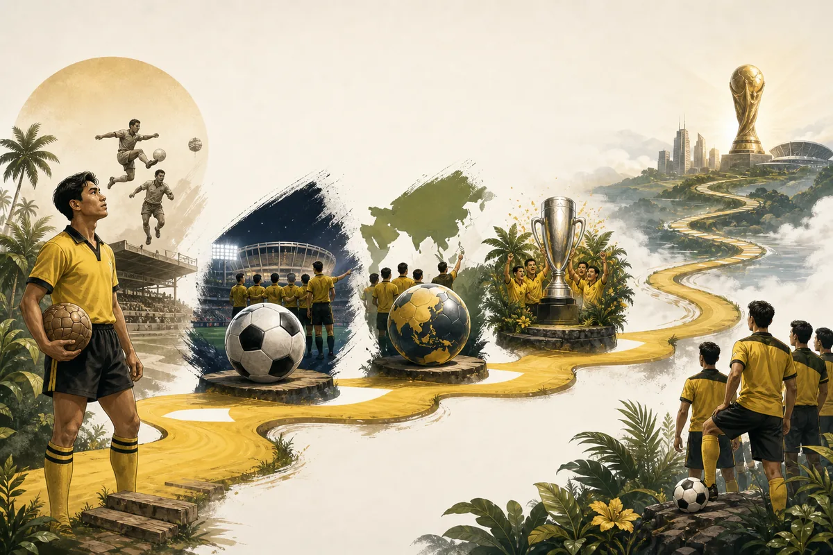 Text-free editorial timeline illustration of Malaysia's regional title, Asian Cup appearances and next continental target