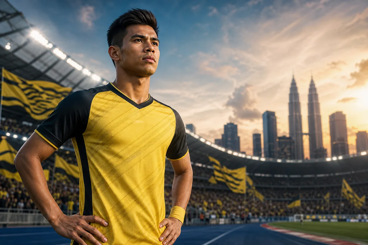 A fictional Malaysia national-team winger inspired by Safawi Rasid standing before a Kuala Lumpur stadium with yellow-and-black flags