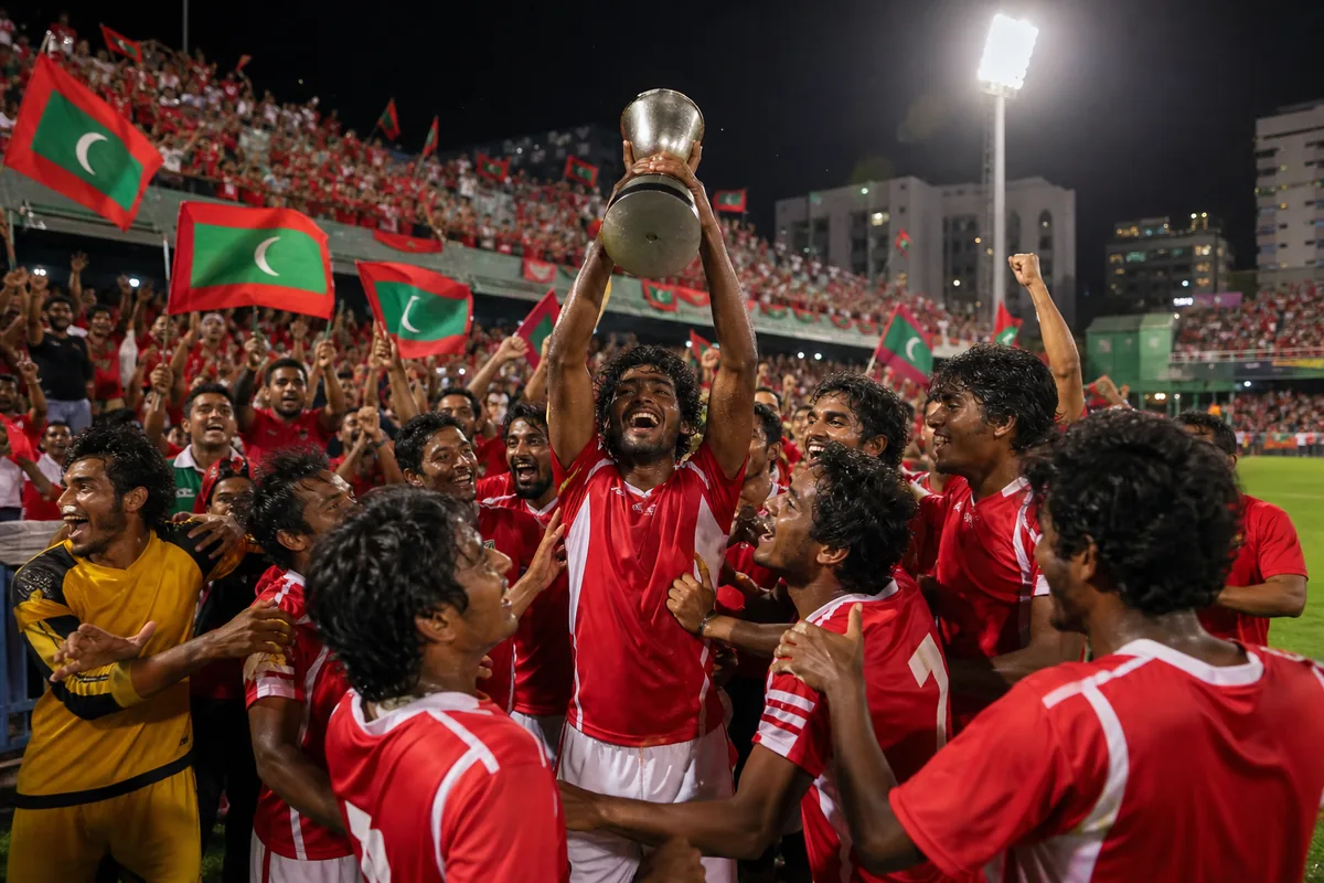 Fictional Maldives players celebrating their 2008 SAFF Championship final victory over India