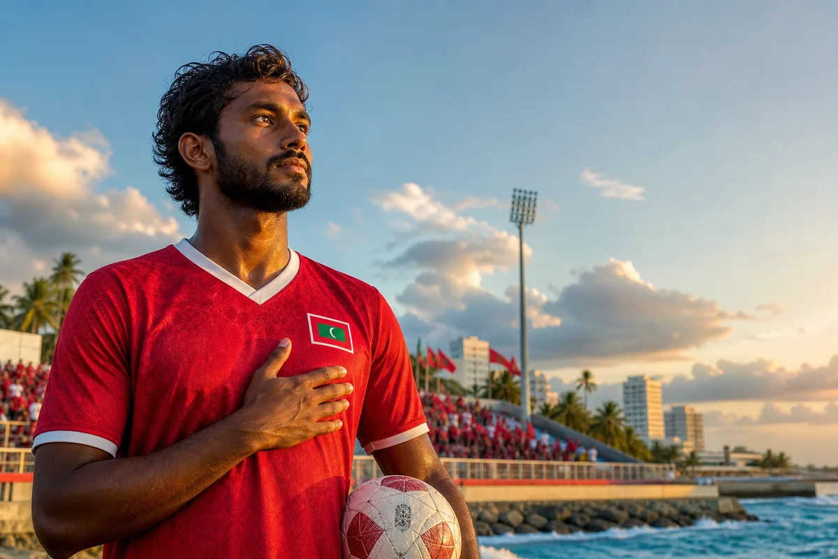 A fictional Maldives national-team forward inspired by Ali Ashfaq standing before an island stadium with red-and-white flags