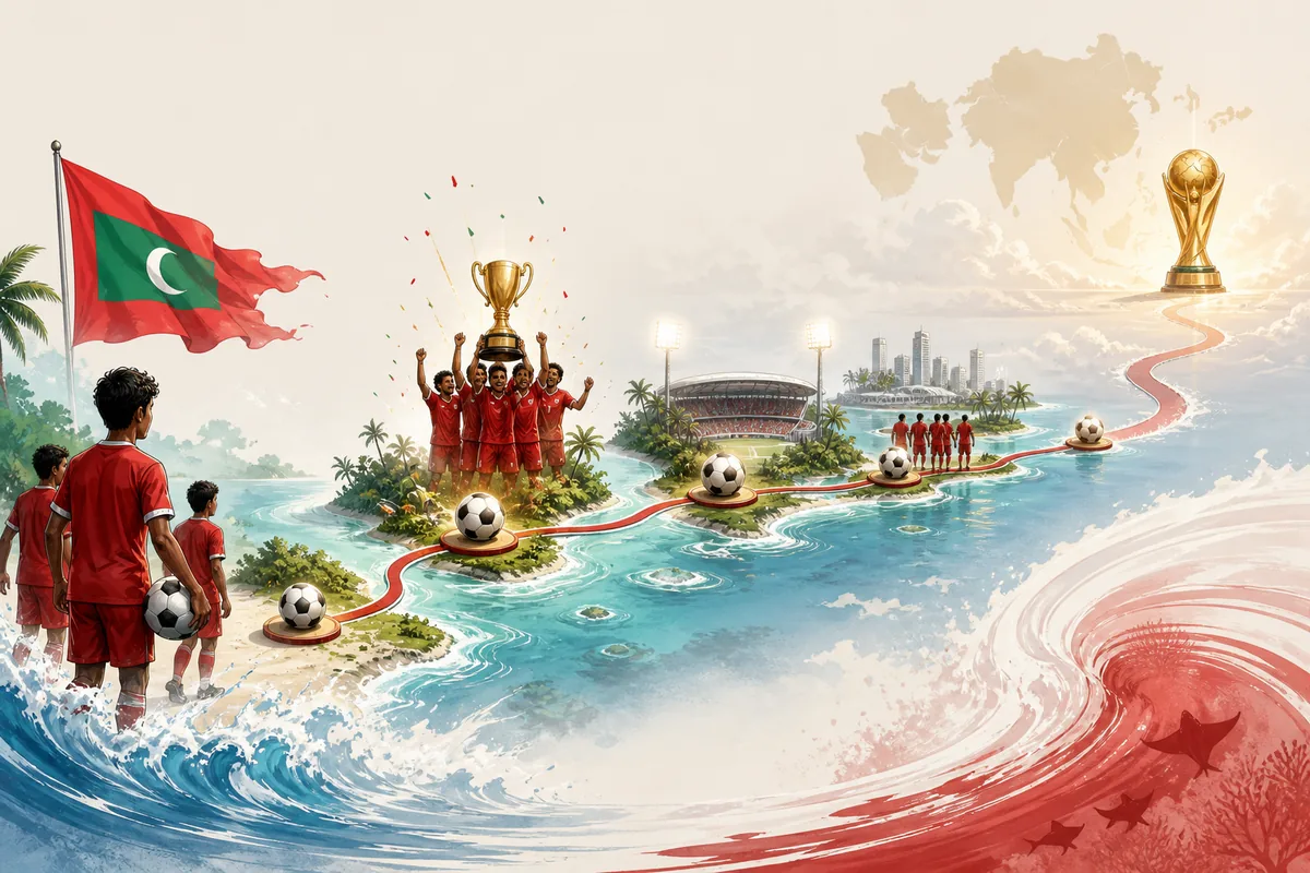 Text-free editorial timeline illustration of Maldives' regional title and unfinished road toward a first Asian Cup appearance