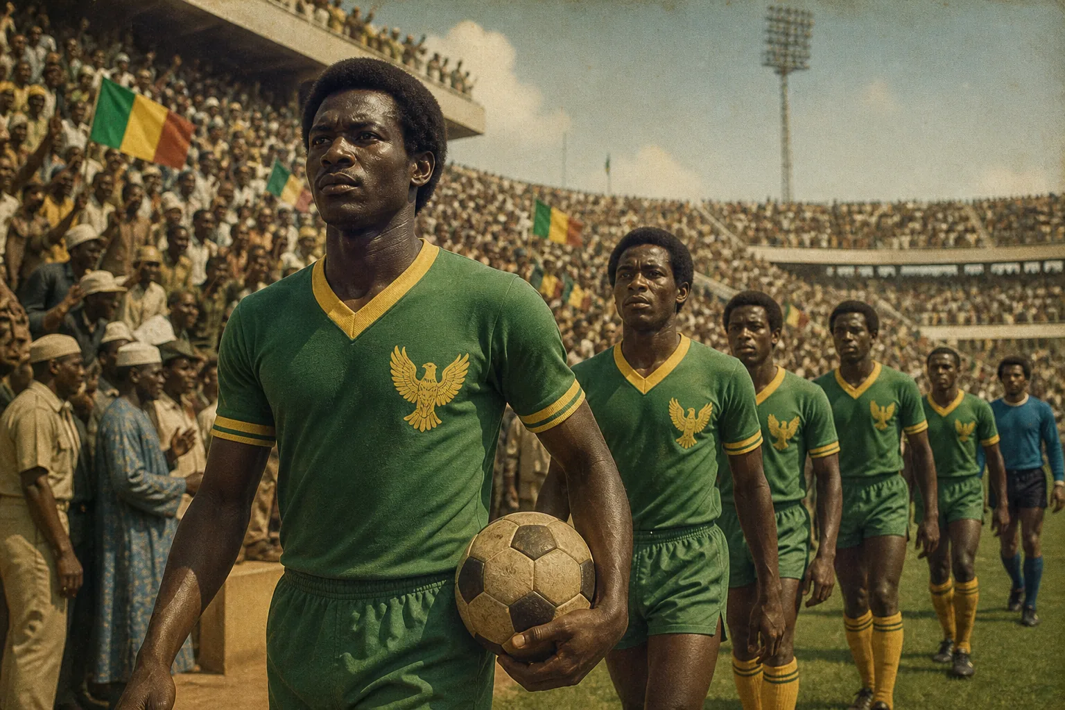 Fictional Malian footballers walking onto a stadium pitch during their historic 1972 Africa Cup of Nations run