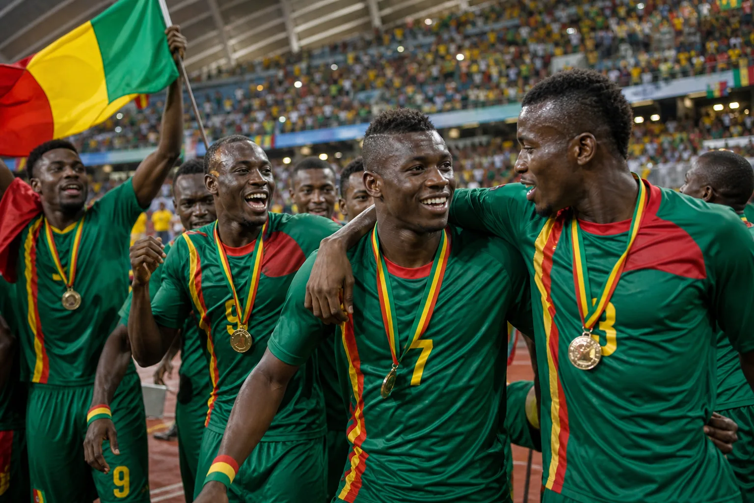 Fictional Malian footballers celebrating a hard-fought third-place finish at an African tournament