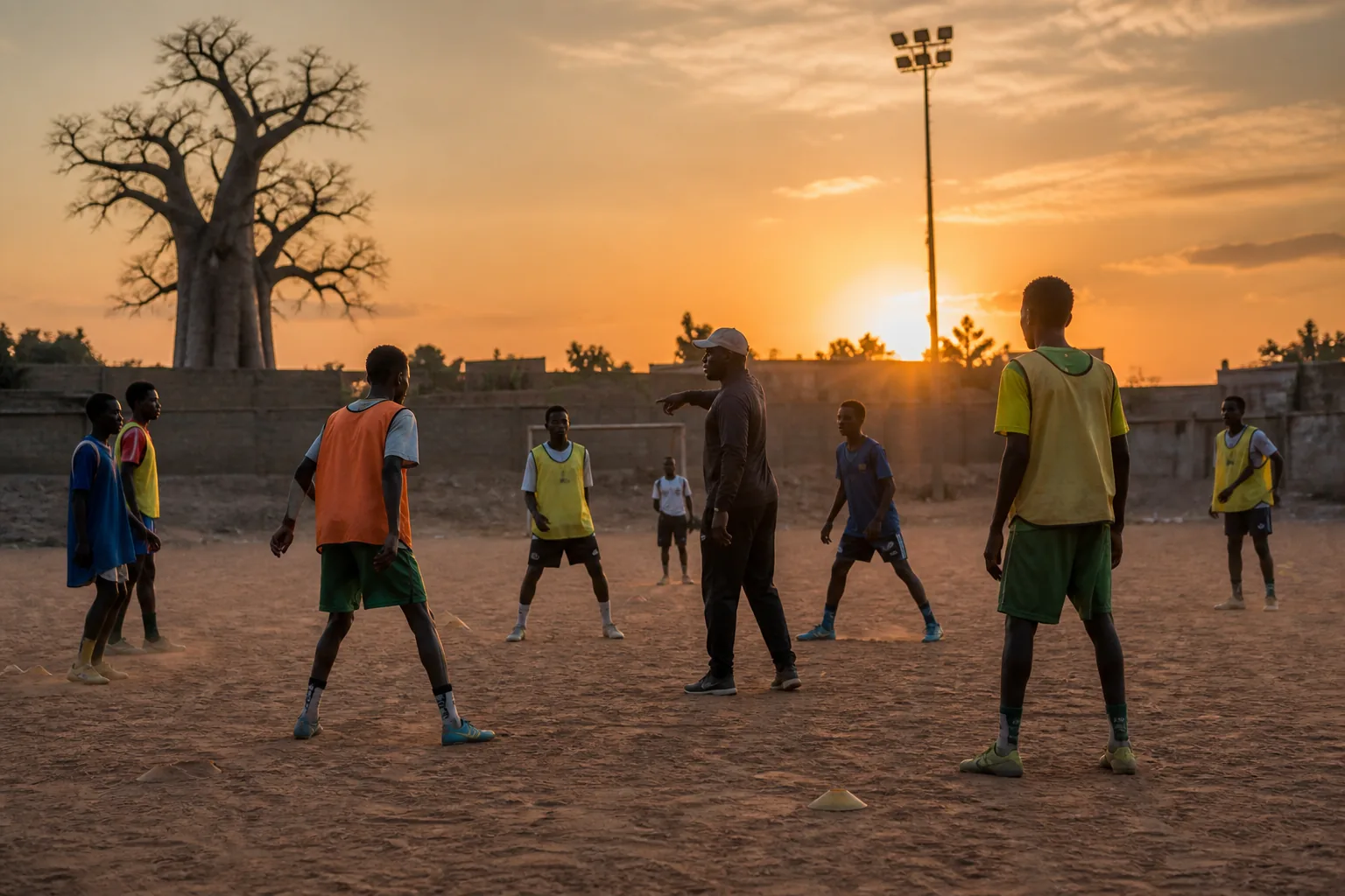 Young Malian footballers training on a dusty community pitch in Bamako at sunset