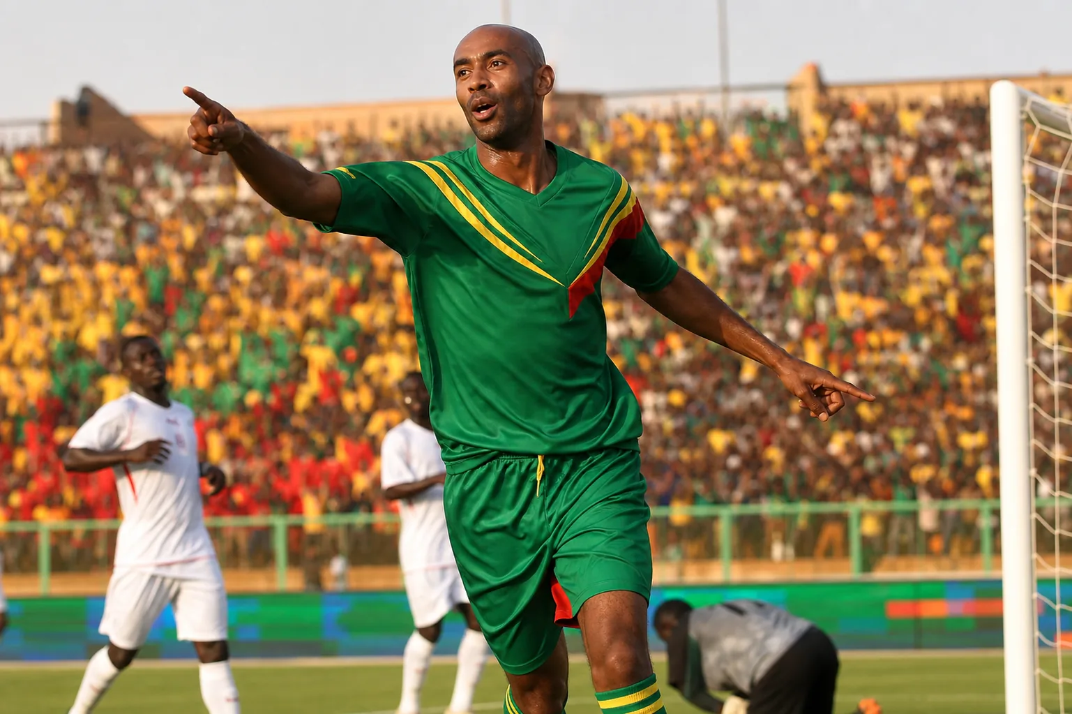 A fictional Malian national-team star striker inspired by Frederic Kanoute leading an attack in a packed Bamako stadium