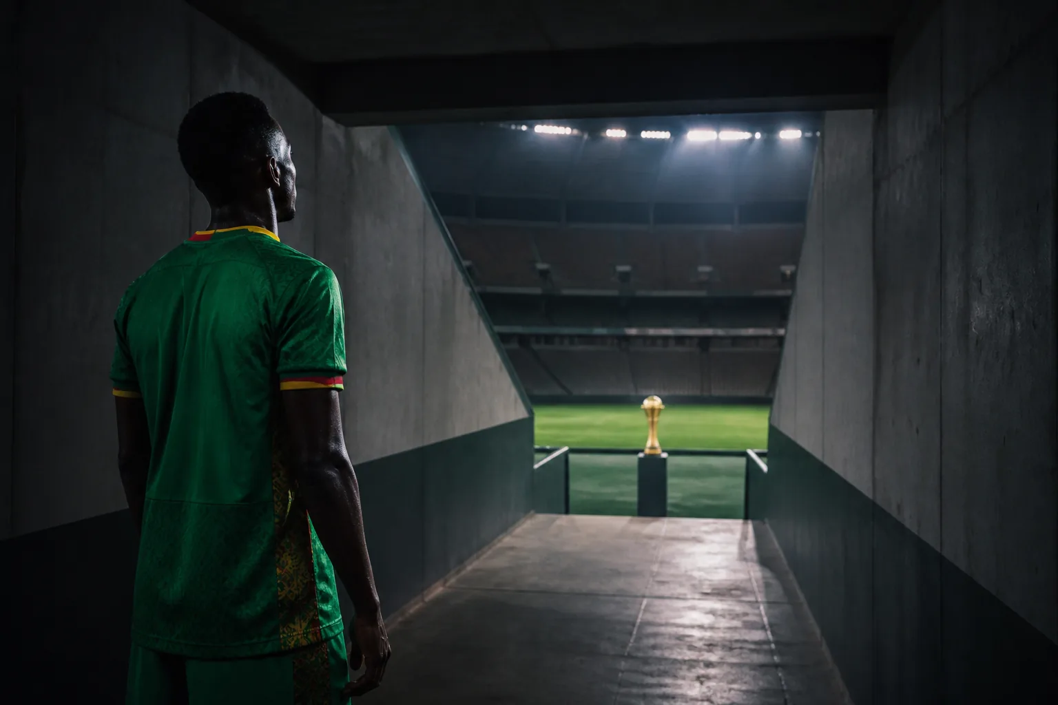 A fictional Malian midfielder looking toward a distant trophy at the end of a dark stadium tunnel