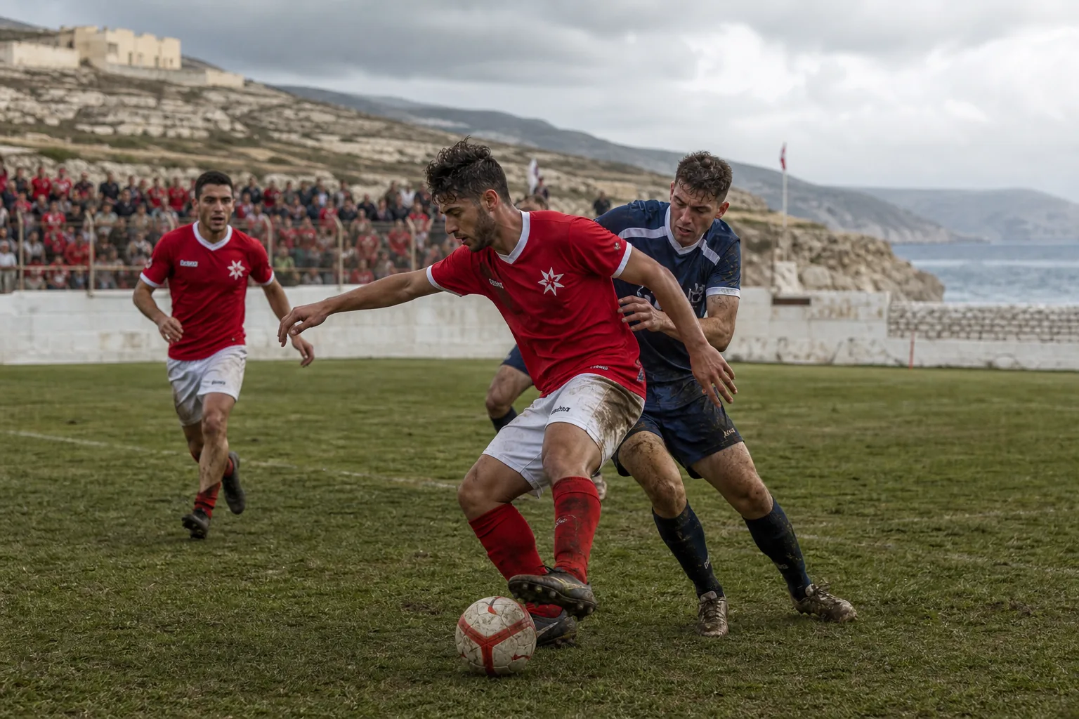 Fictional Maltese footballers contesting a rugged match on a compact Mediterranean stadium pitch