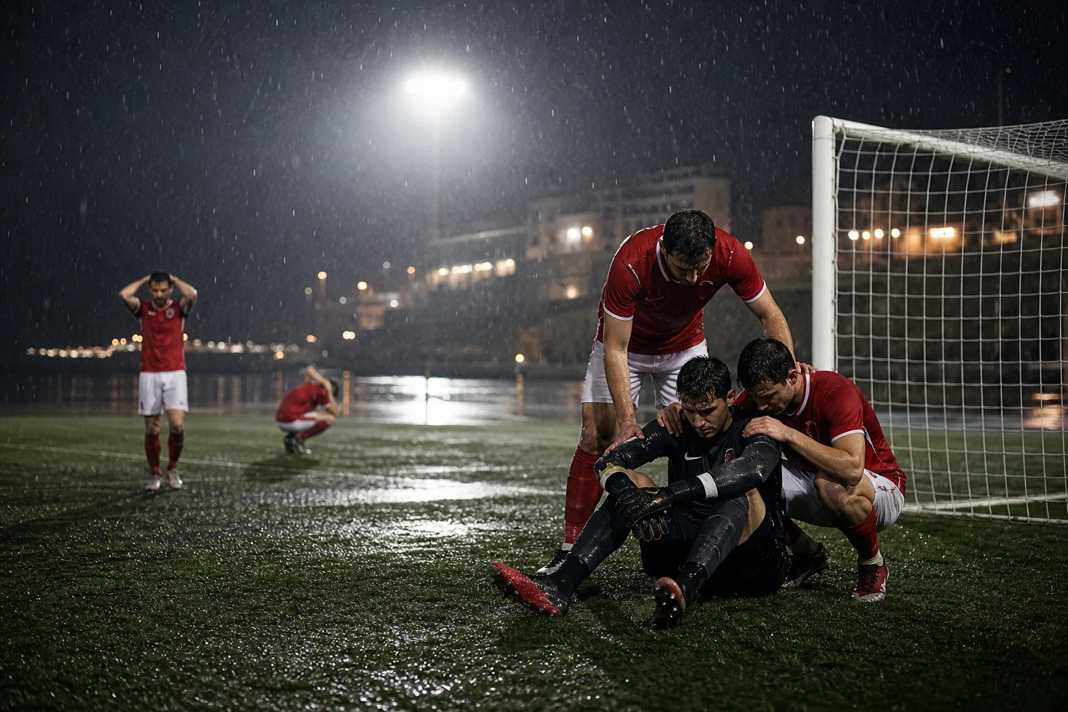 Fictional Maltese players reacting after a dramatic late qualifying defeat