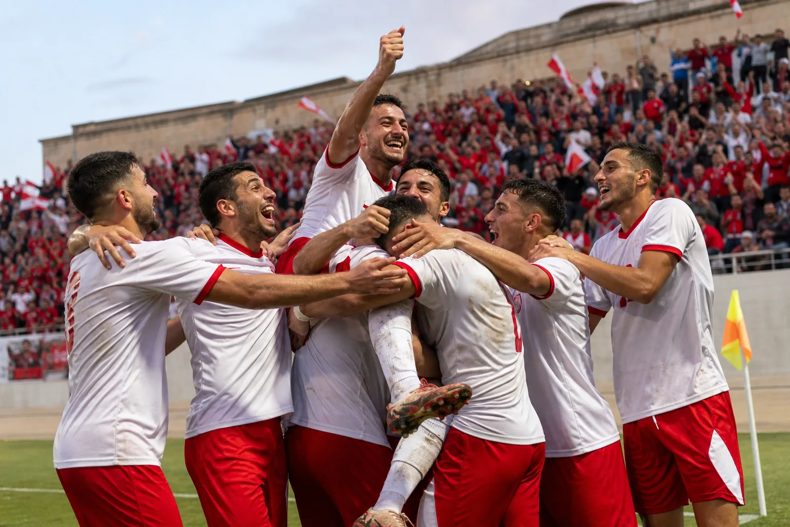Fictional Maltese footballers celebrating a rare qualifying victory together