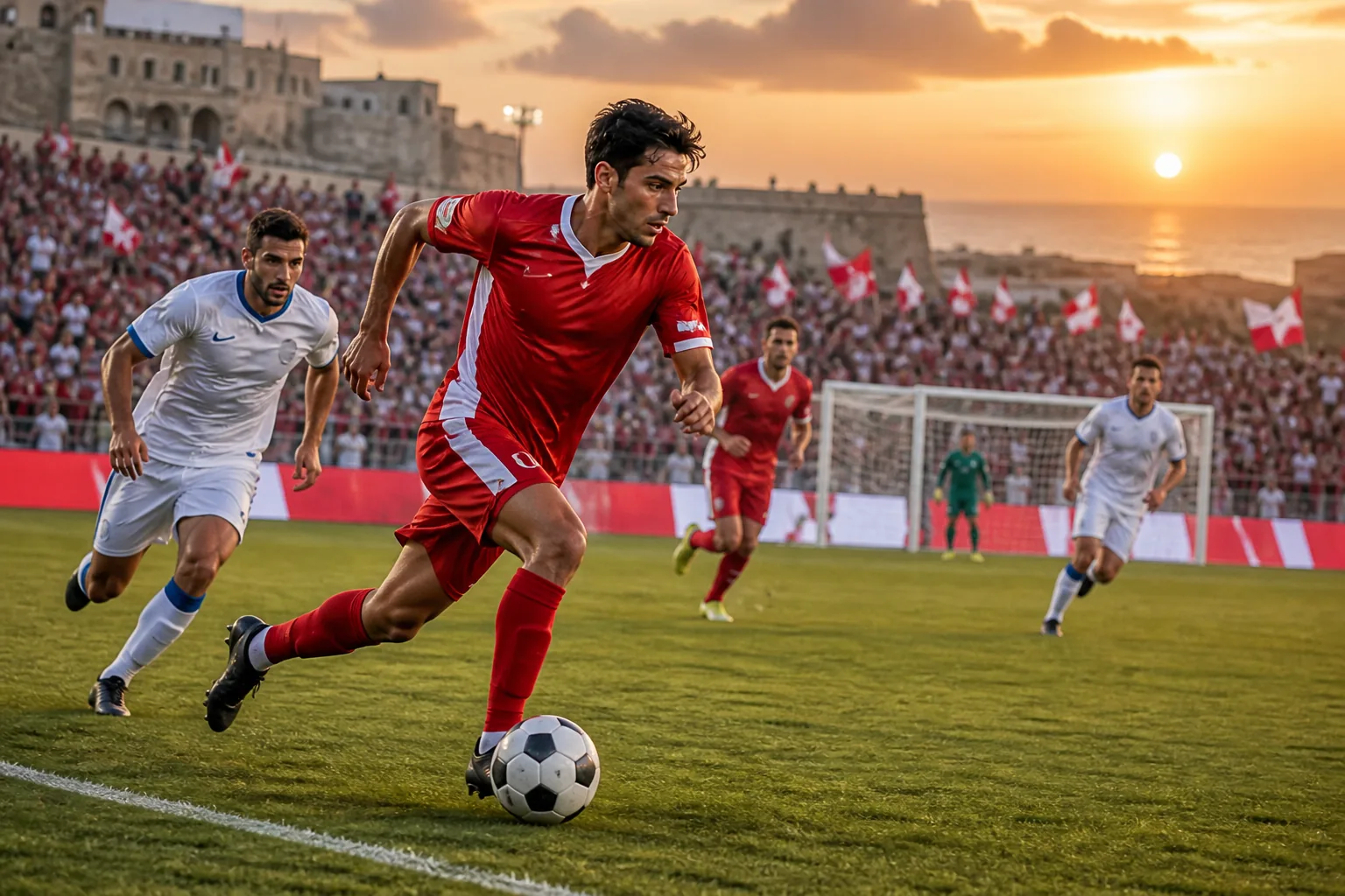 A fictional Maltese national-team star forward leading a counterattack in a major international match