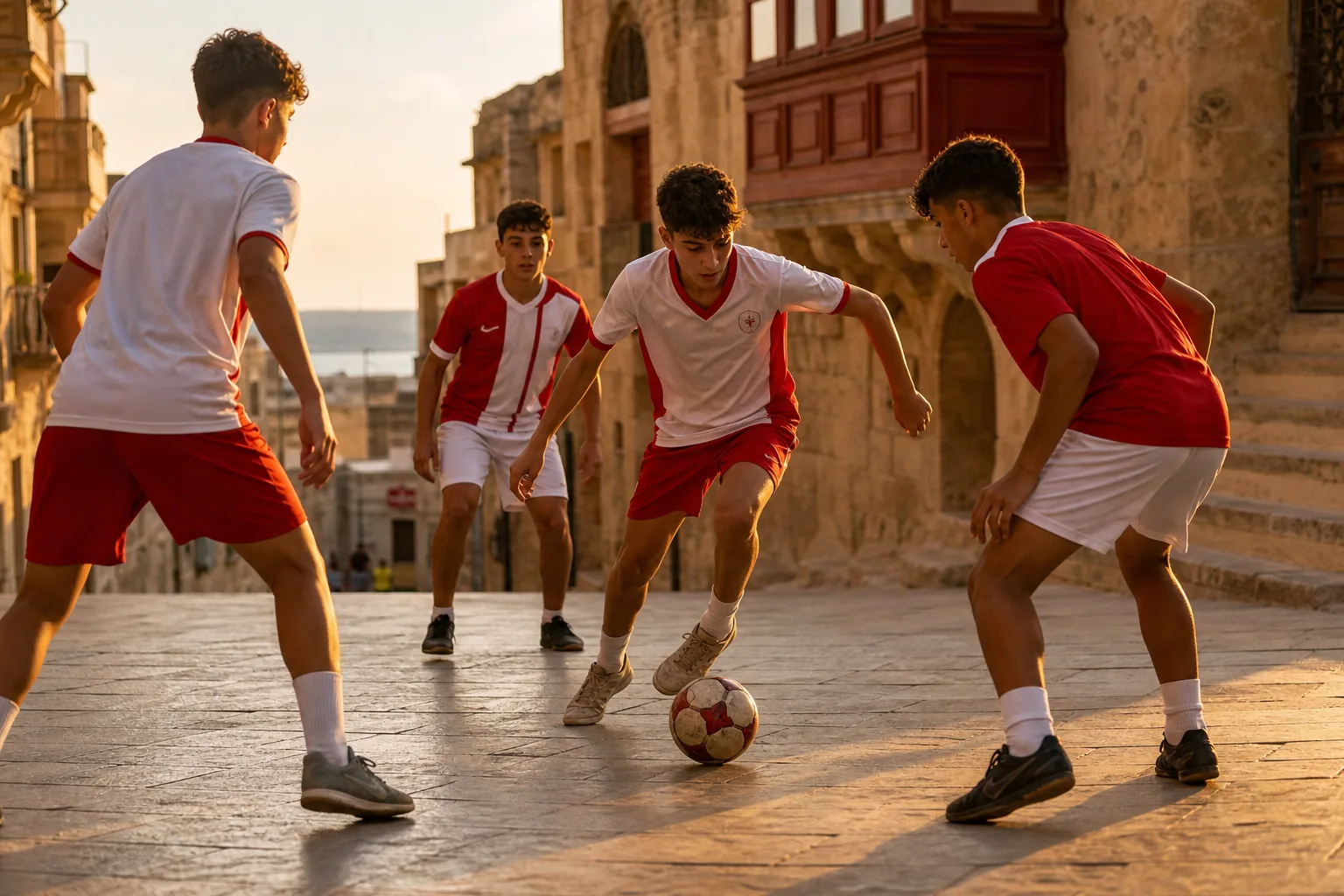 Fictional young Maltese footballers playing an intense street match in Valletta