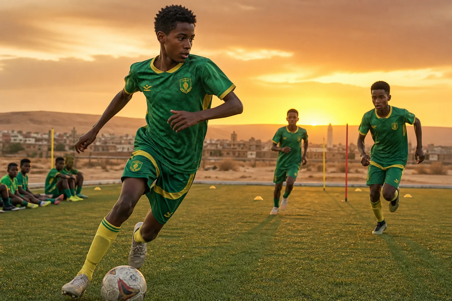 Young Mauritanian footballers training in green-and-gold kits near Nouakchott