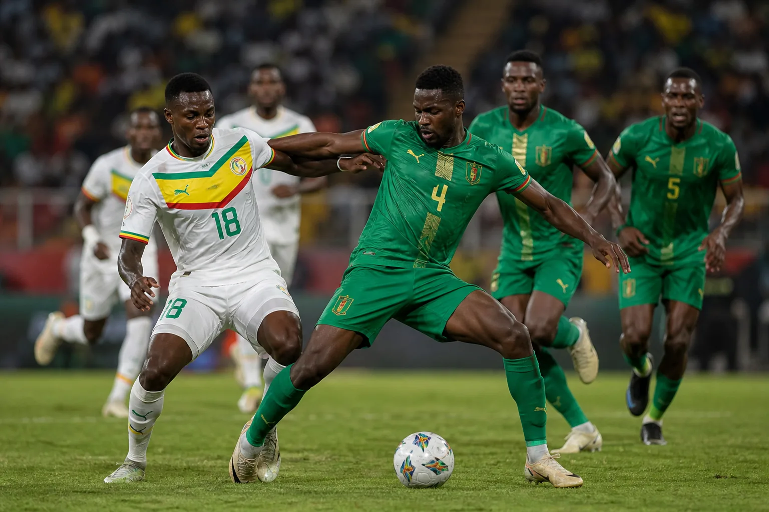 Mauritania fighting for possession in a tense AFCON match under stadium lights