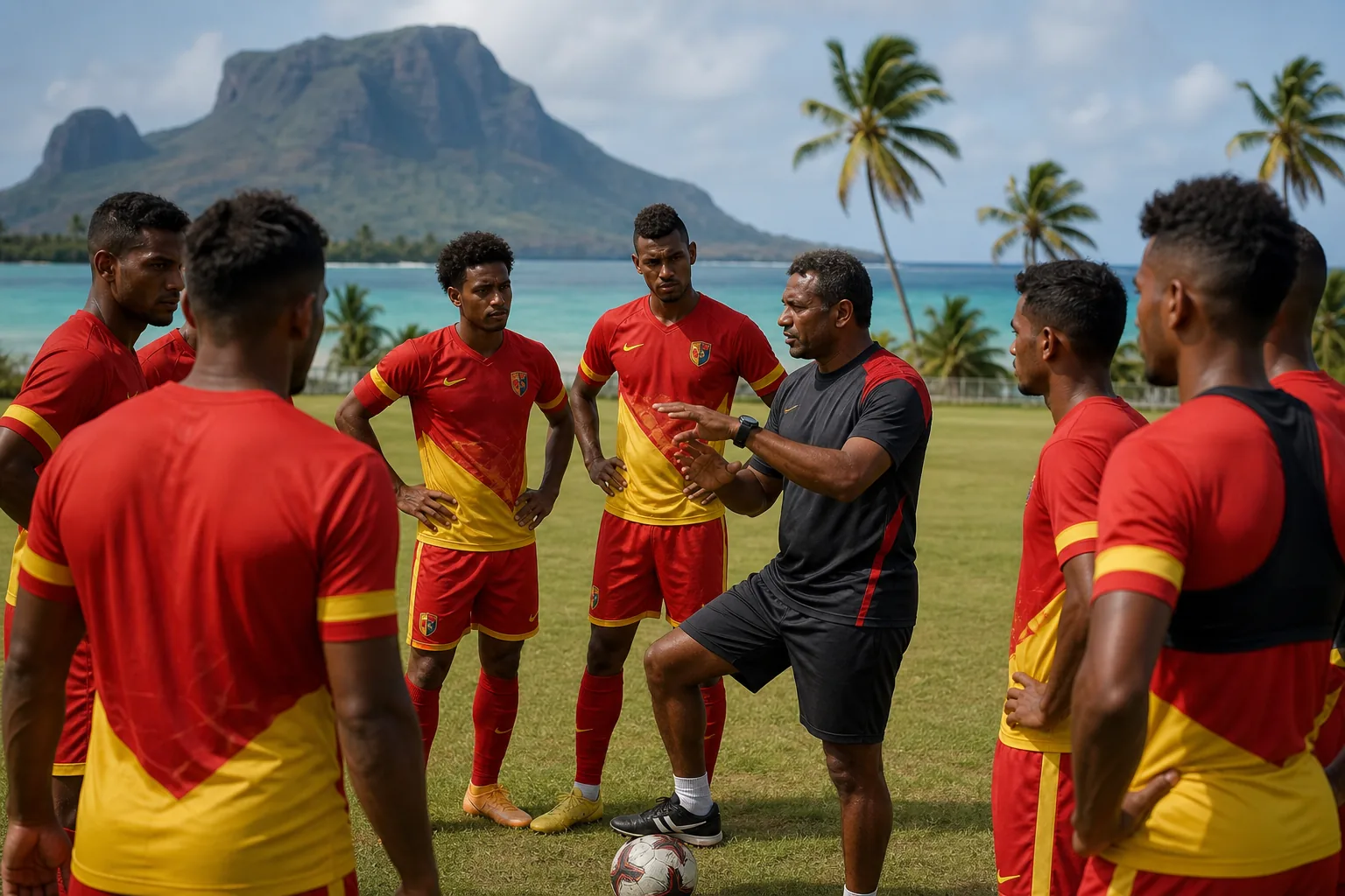 Mauritius Dodos playing a tense African qualifying match under tropical stadium lights