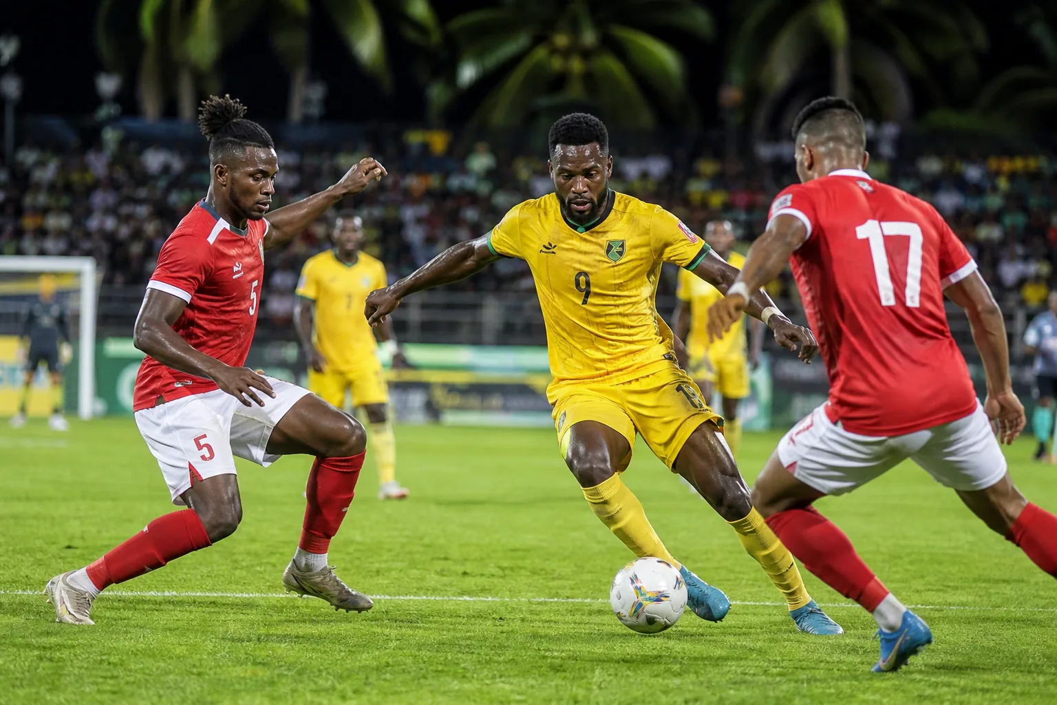 Mauritius Dodos preparing together for an African qualifier in red-and-yellow kits on a tropical island ground