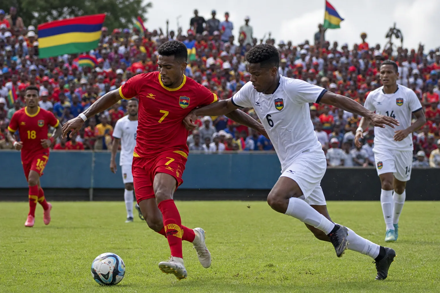 Mauritius competing in an intense Indian Ocean island football tournament against a regional rival