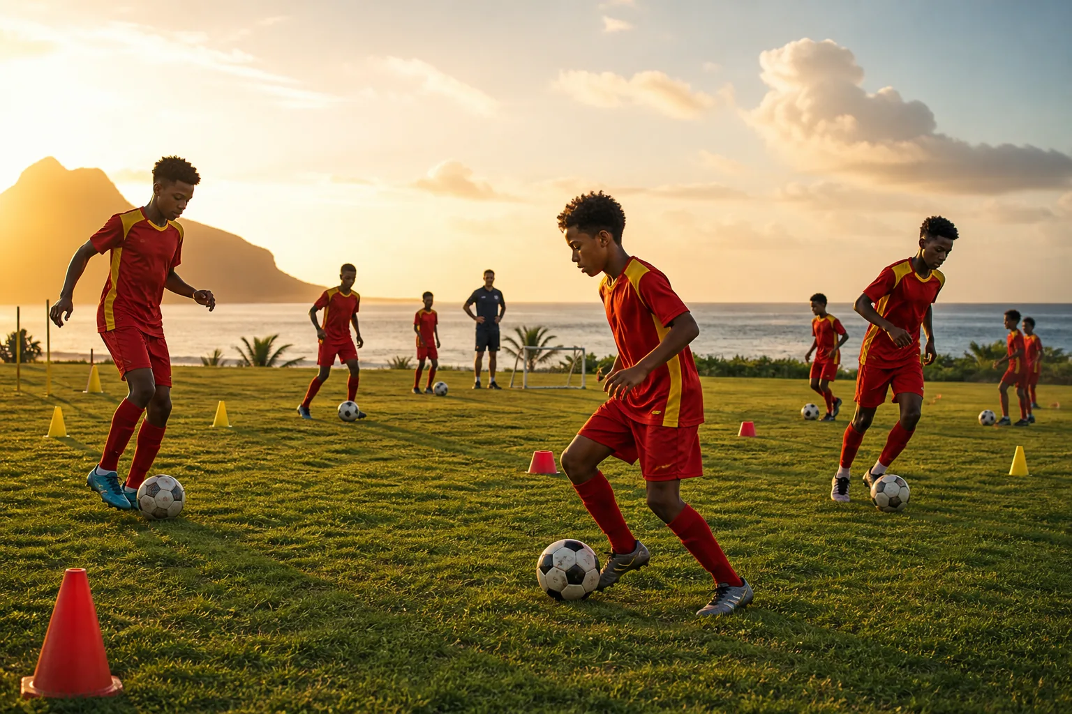 Young Mauritian footballers developing their technique at a coastal training ground