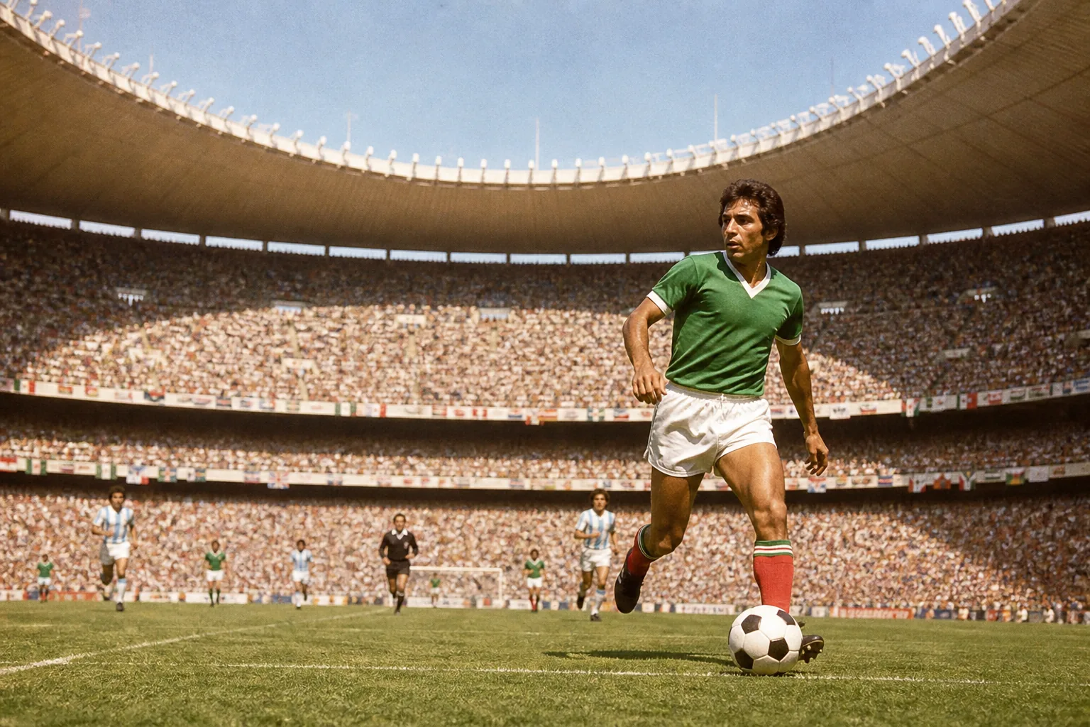 A fictional Mexican player inside the 1970 Azteca atmosphere during Mexico's first home quarter-final run