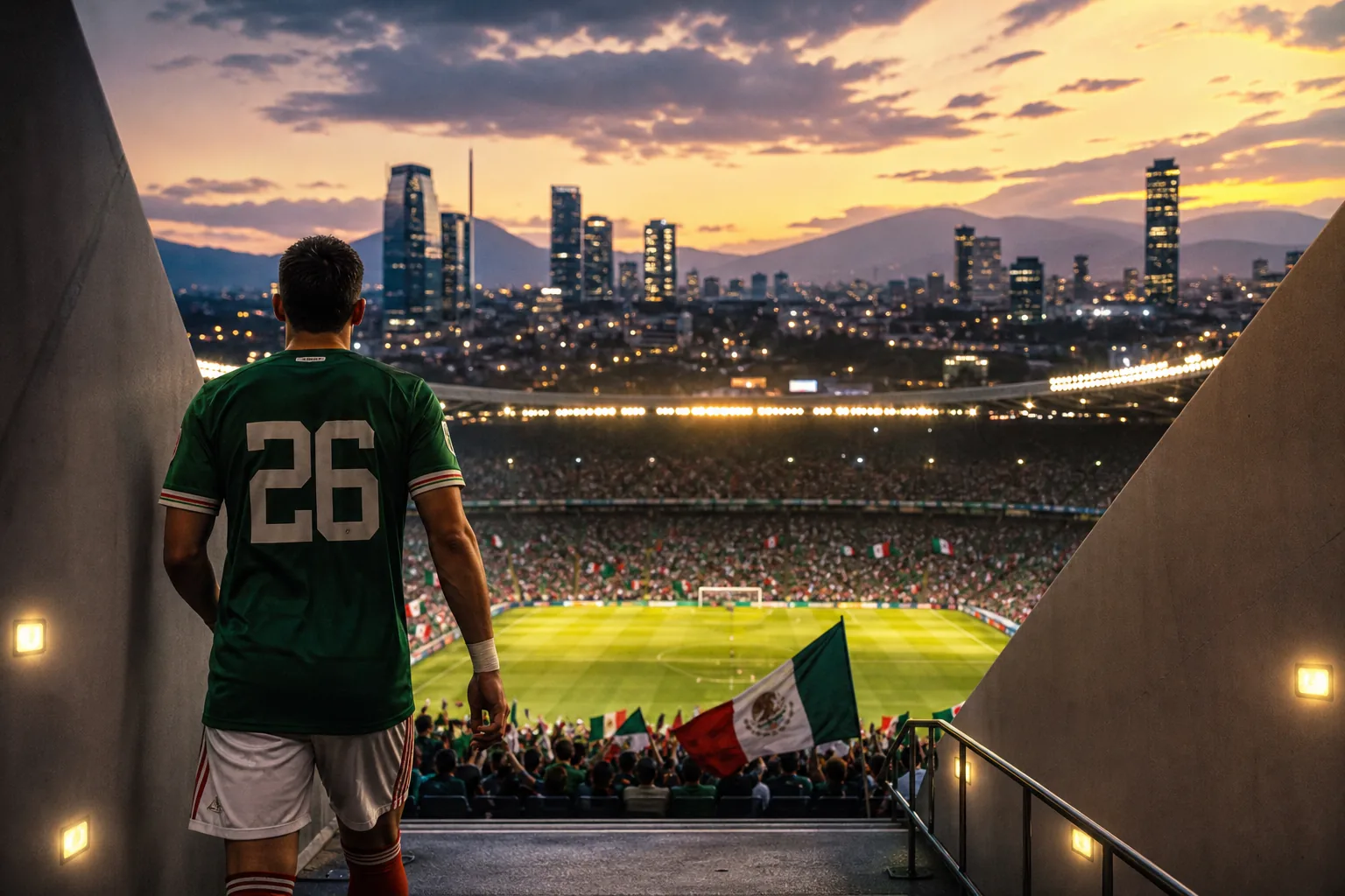 A fictional Mexican footballer walking into a modern home World Cup stadium with the city beyond