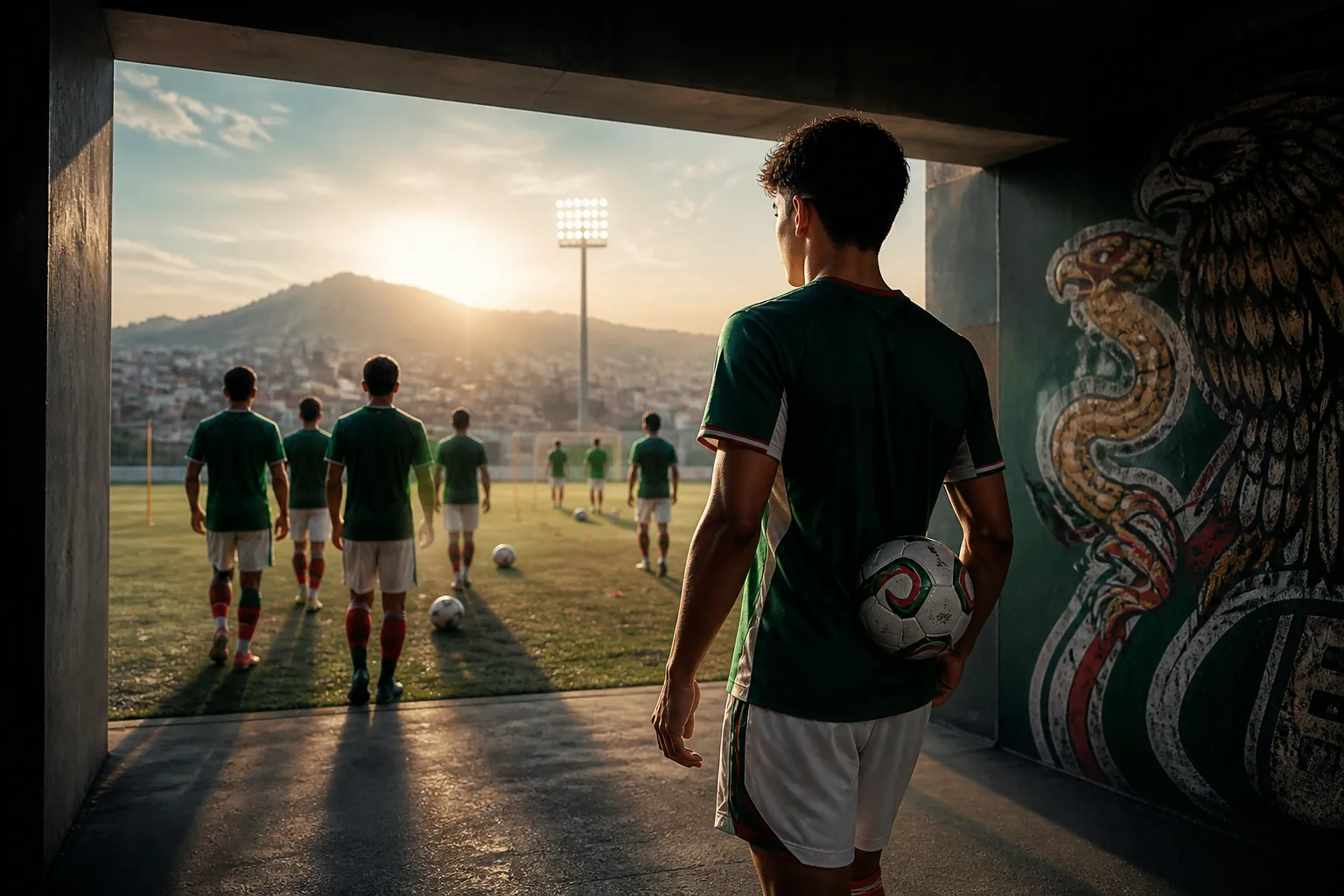 A fictional young Mexican footballer walking toward a bright quarter-final path