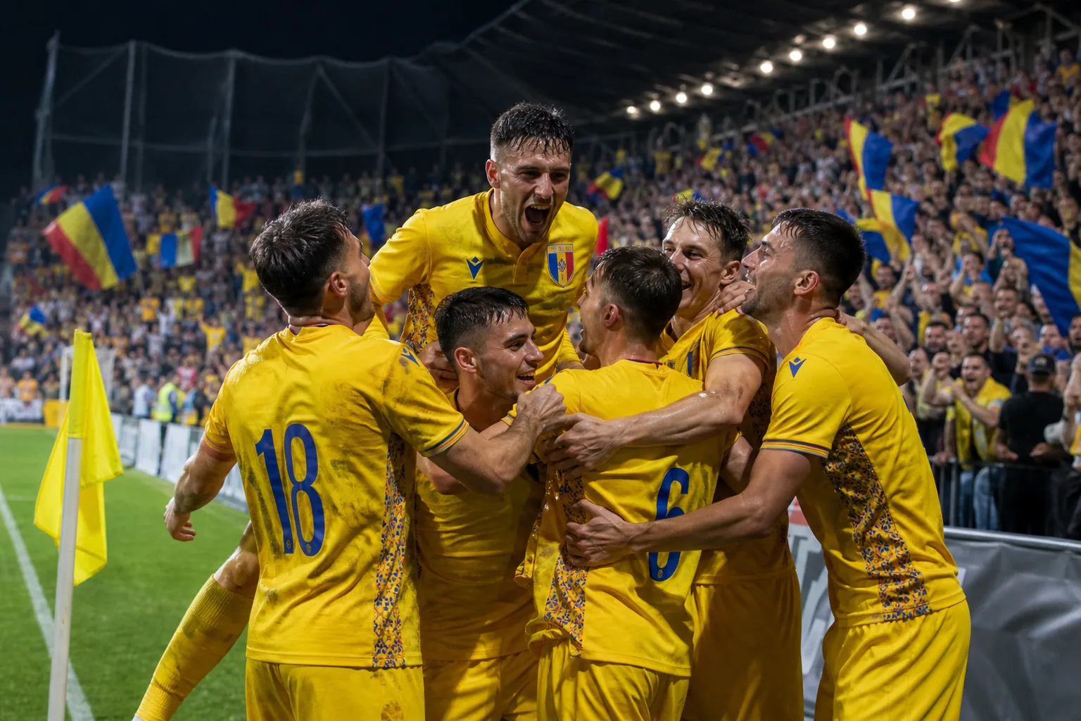 Fictional Moldovan footballers celebrating a rare landmark qualifying victory