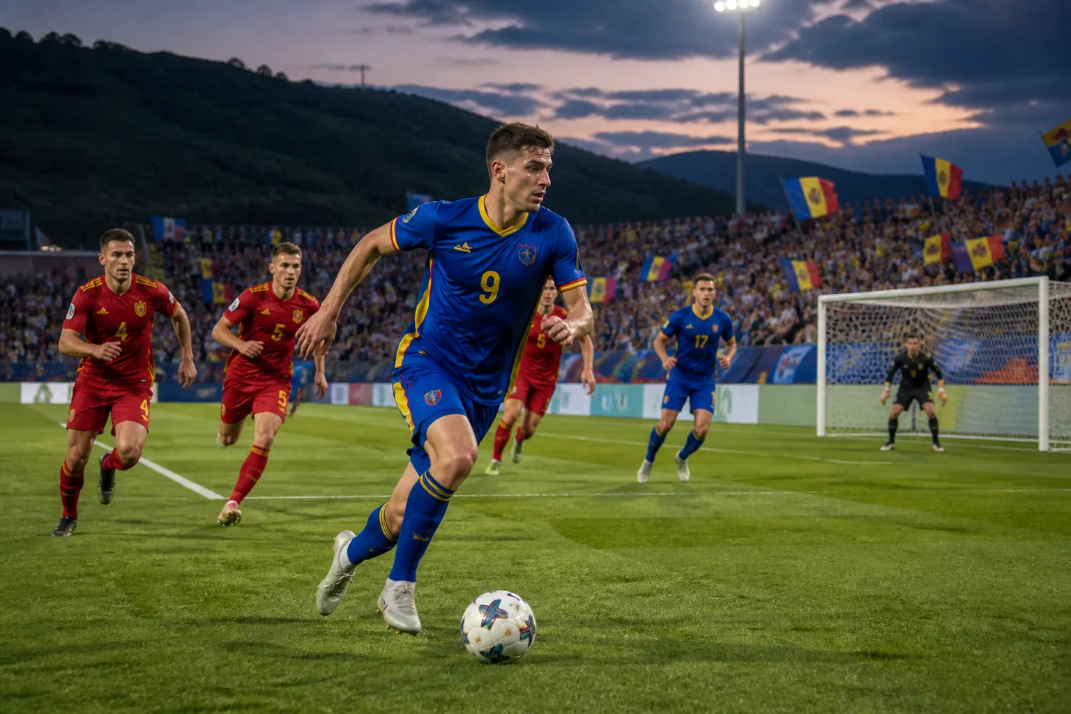 A fictional Moldovan national-team star striker leading a counterattack