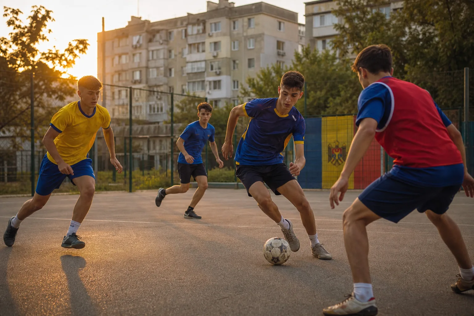 Fictional young Moldovan footballers playing an intense street match in Chișinău