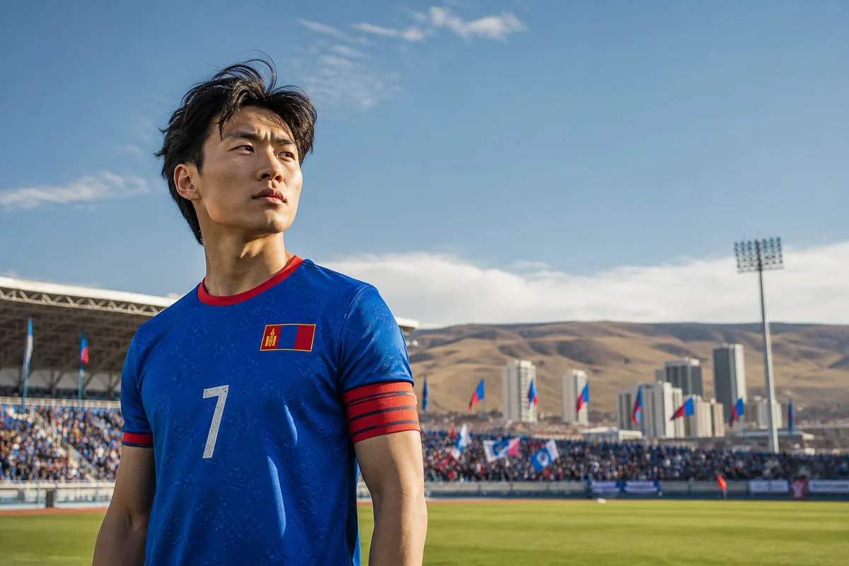 A fictional Mongolia national-team midfielder inspired by Garidmagnai Bayasgalan standing before a stadium with open steppe hills behind him
