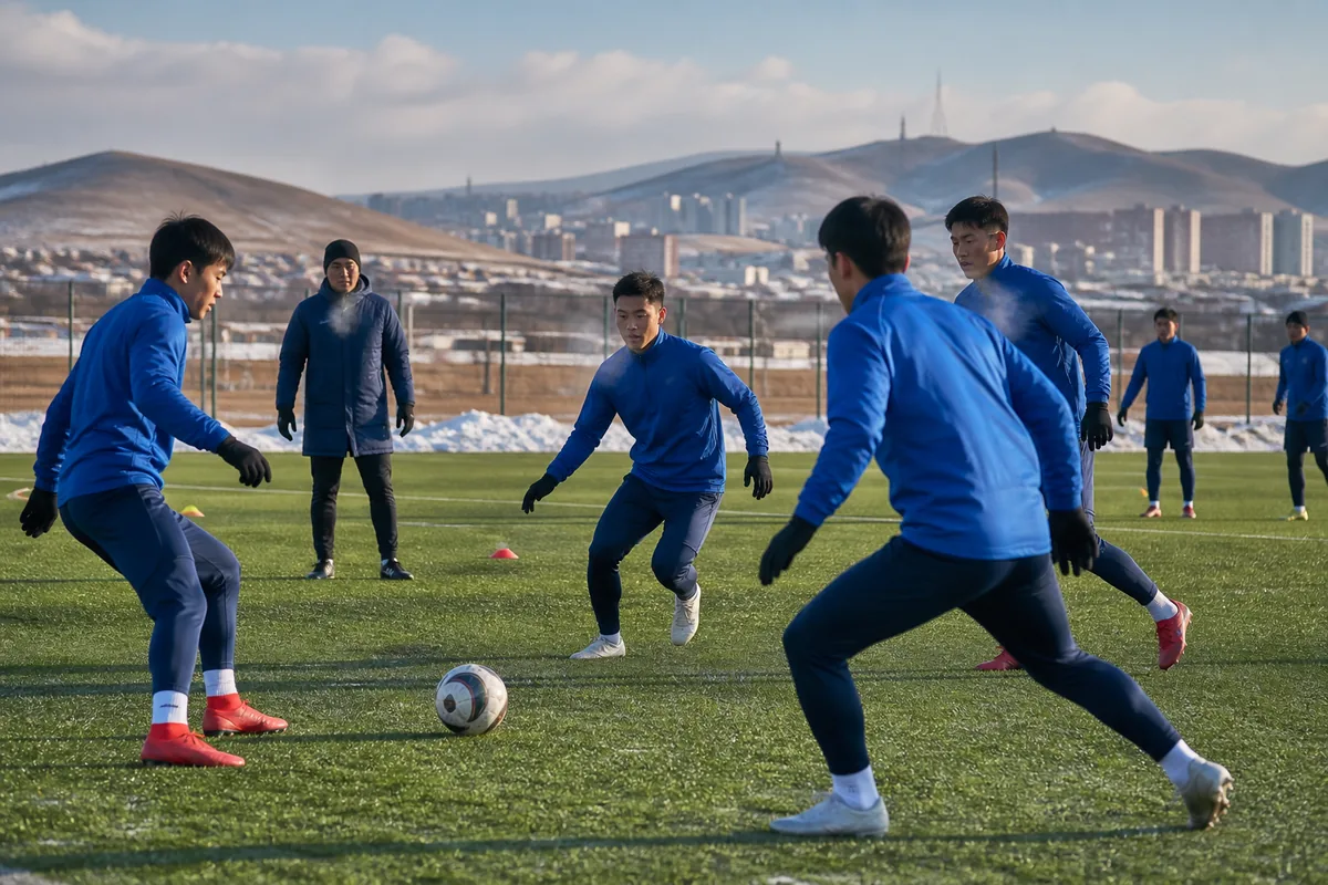 Fictional Mongolian youth and senior footballers training together in cold weather with their coach