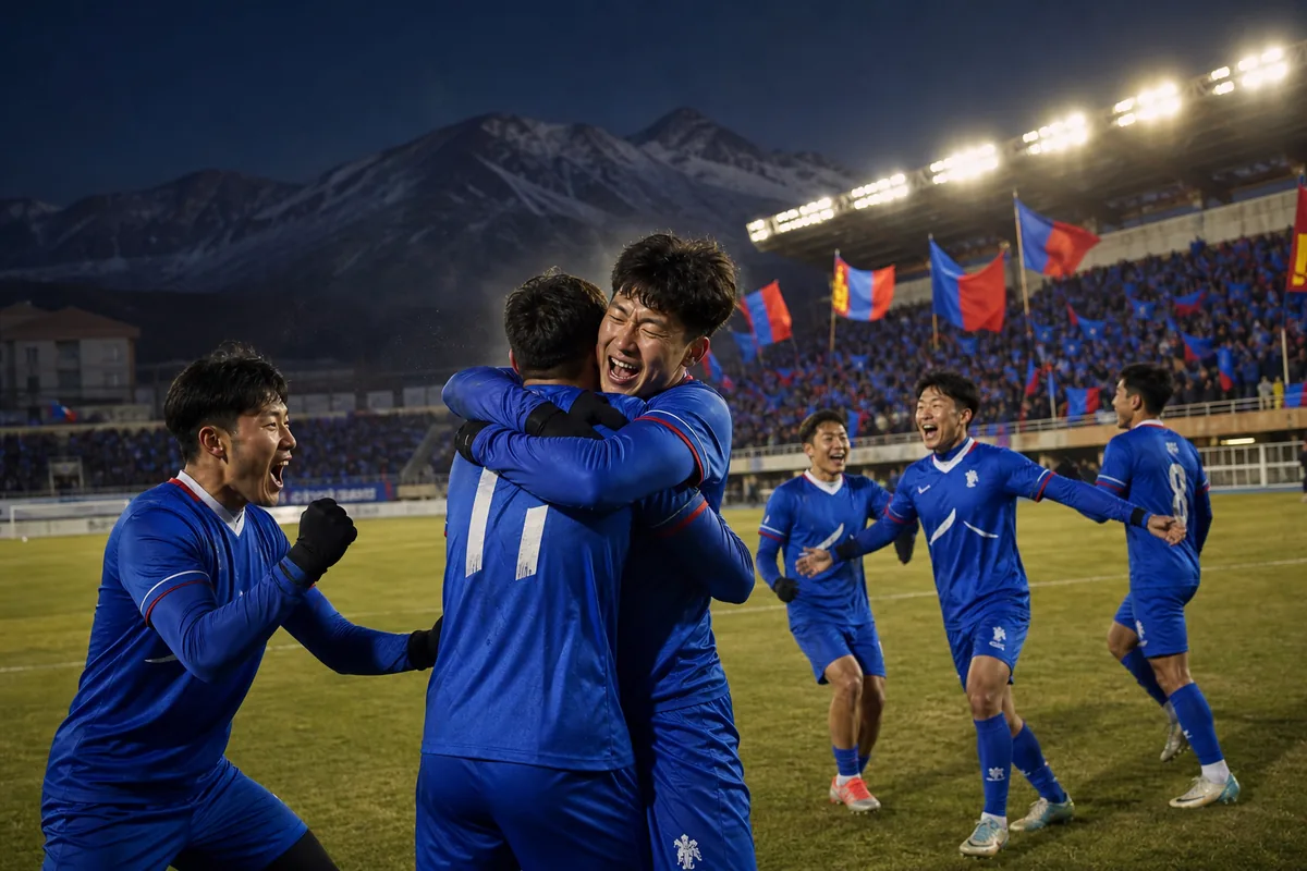 Fictional Mongolia players celebrating a hard-earned Asian qualifying win on a cold evening
