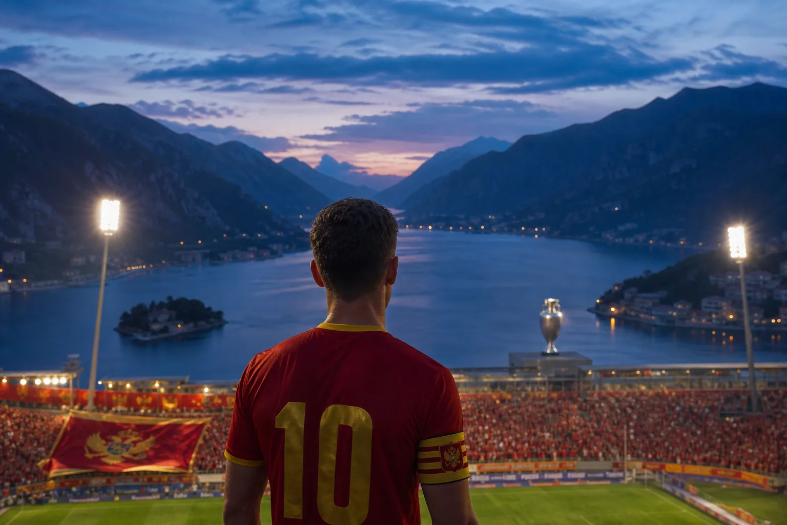 A fictional Montenegrin captain facing a distant trophy above the Adriatic coast
