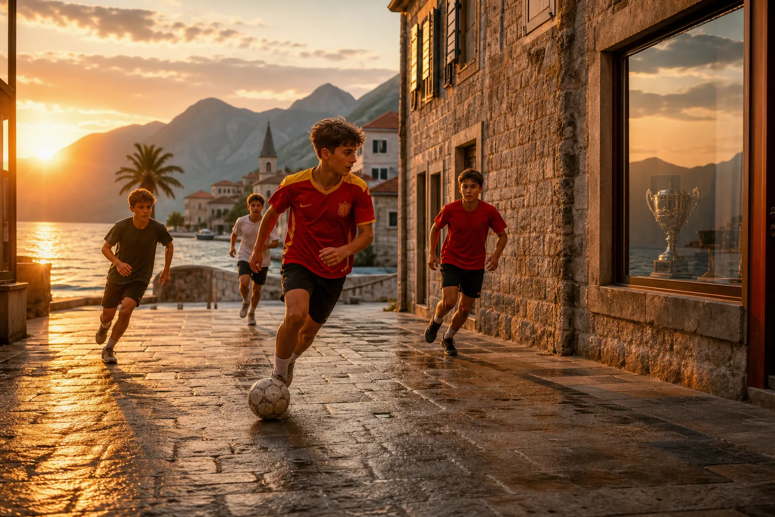 Fictional young footballers playing street football beside the Adriatic coast
