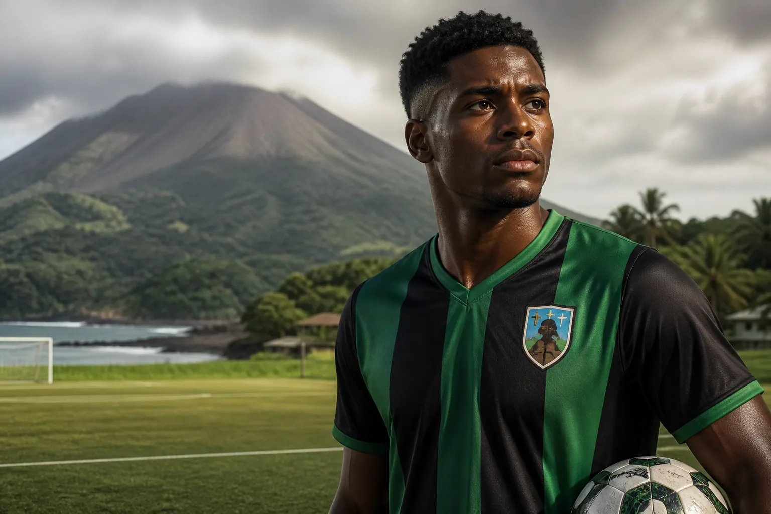 Next generation of Montserrat footballers training near a volcanic Caribbean landscape