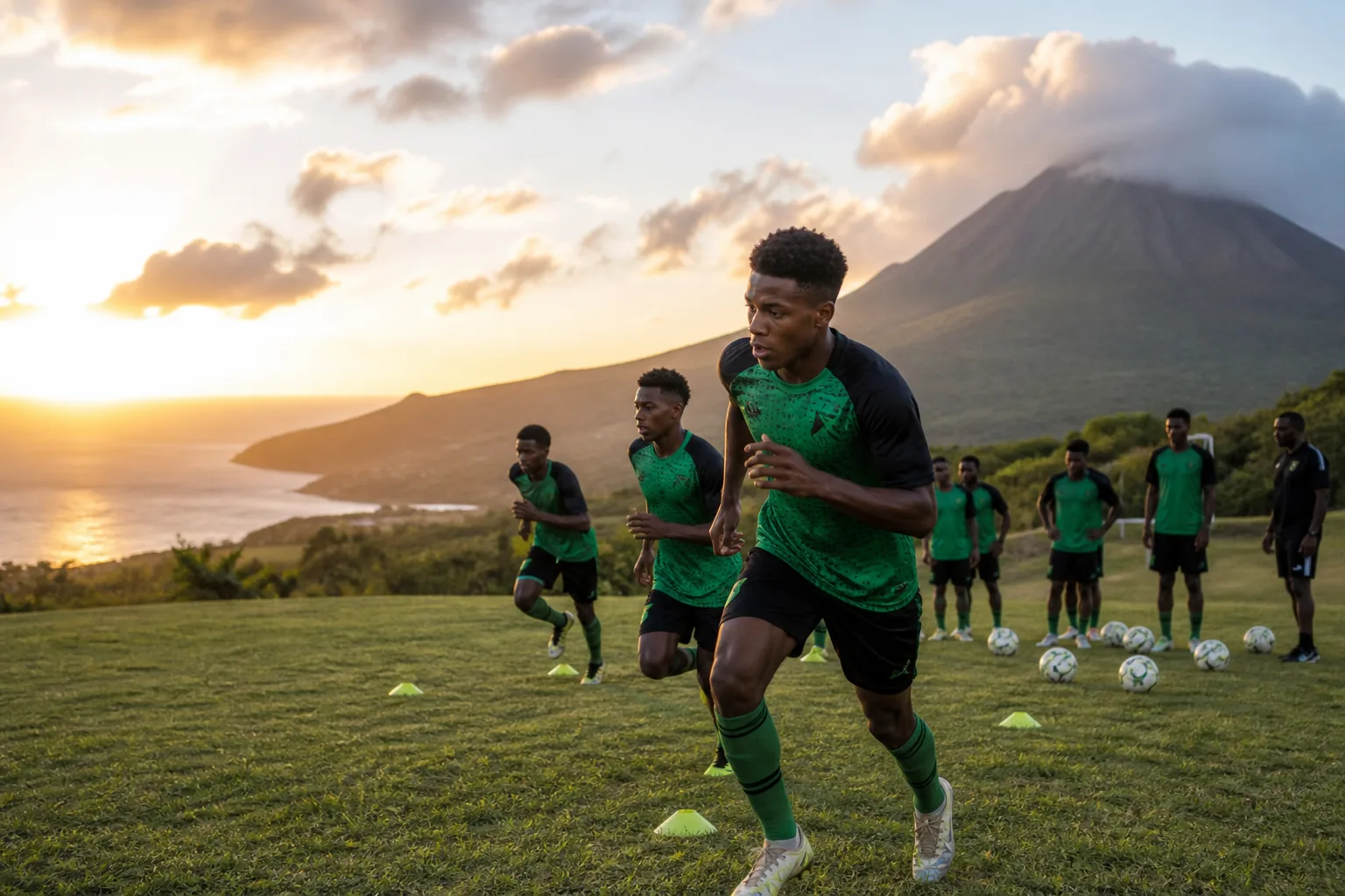 A fictional editorial portrait inspired by Montserrat footballer Ruel Fox in a green-and-black Emerald Boys kit