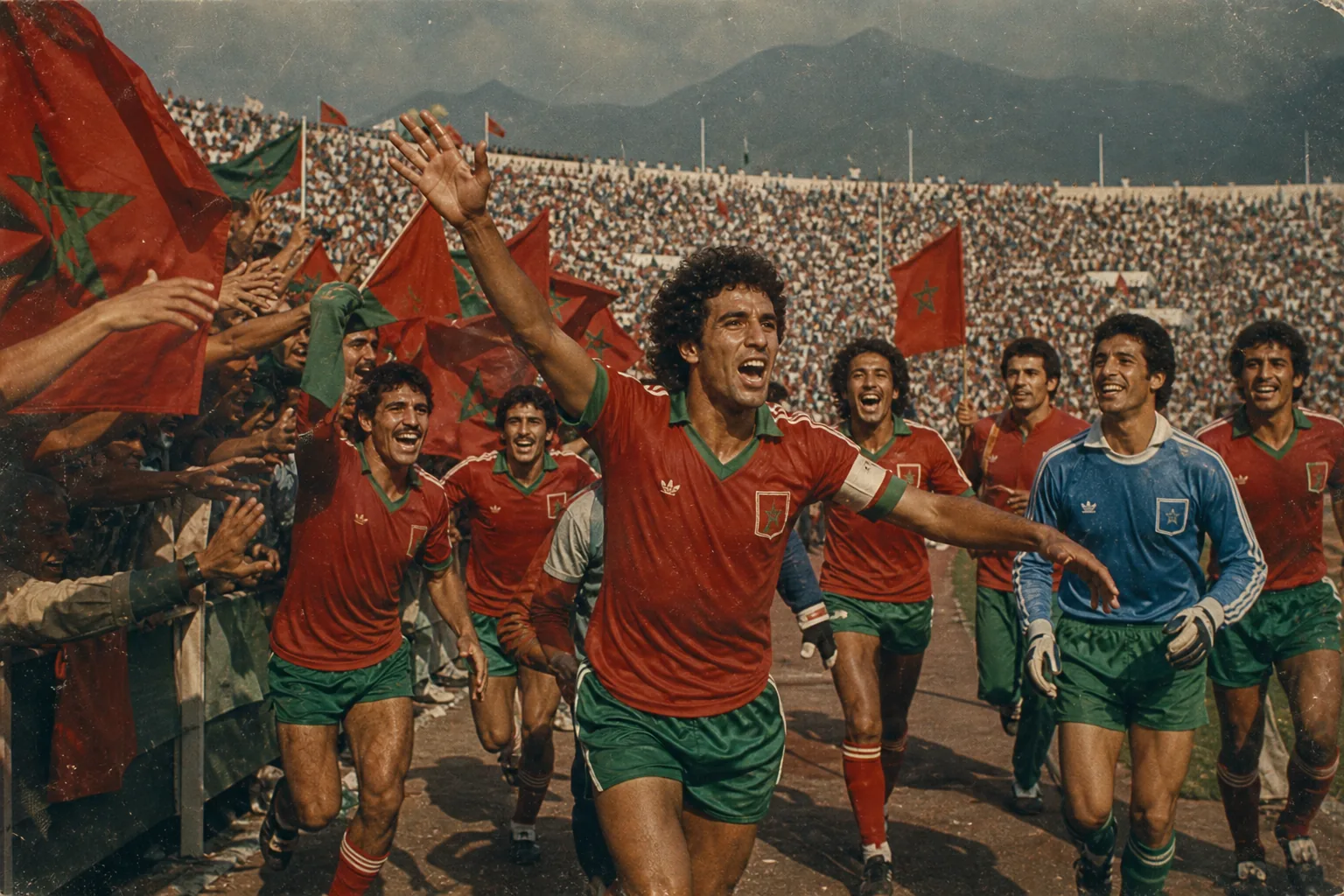 Fictional Moroccan footballers celebrating the 1976 Africa Cup of Nations title in a vintage stadium
