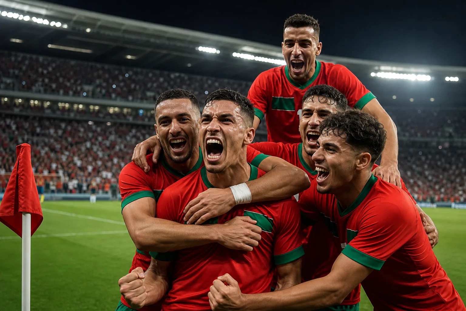 Fictional Moroccan footballers celebrating a historic 1986 World Cup result in a Mexican stadium