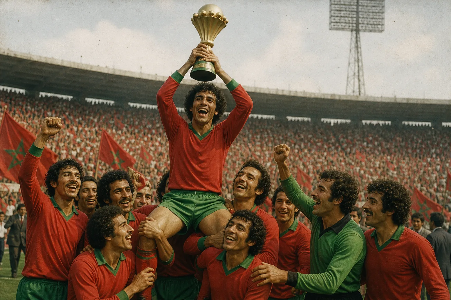 A fictional Moroccan national-team star fullback leading an attack in a packed international match