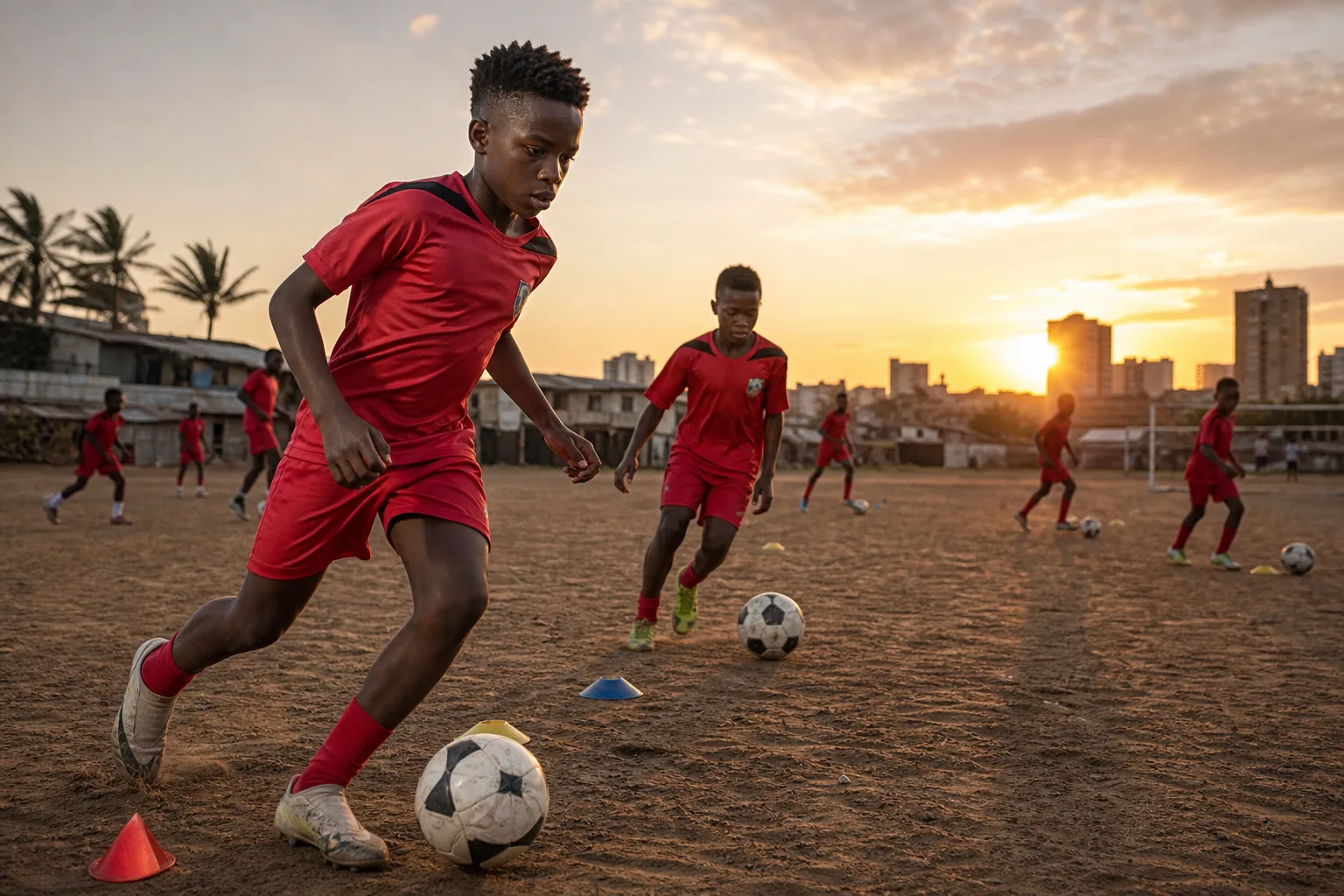 A fictional historical portrait inspired by Mozambique football legend Mário Coluna in a red Mambas national-team kit