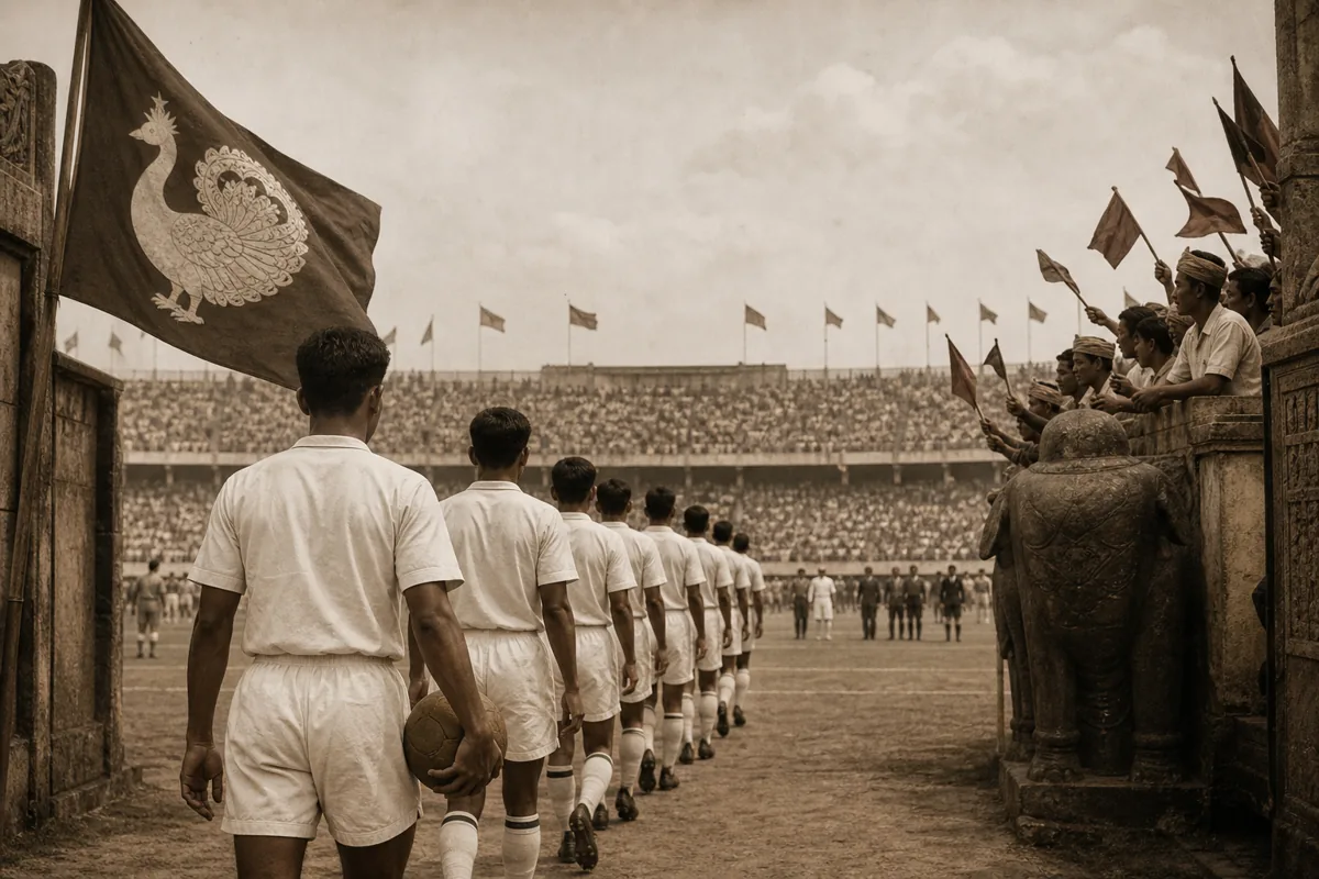 Fictional Burmese players in classic white kits walking into an old Asian stadium for the 1954 Asian Cup
