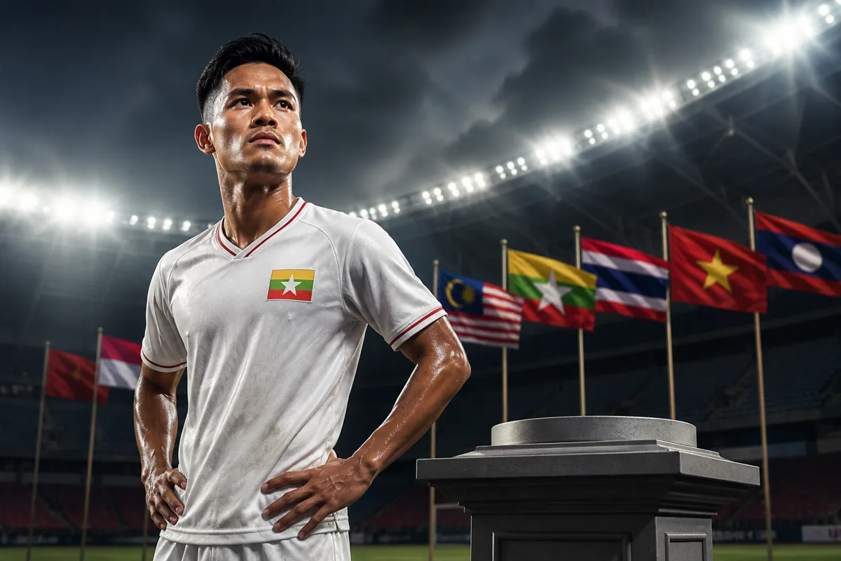 Editorial sports portrait of a fictional Myanmar forward inspired by Aung Thu under stadium lights with an empty Asian Cup trophy pedestal