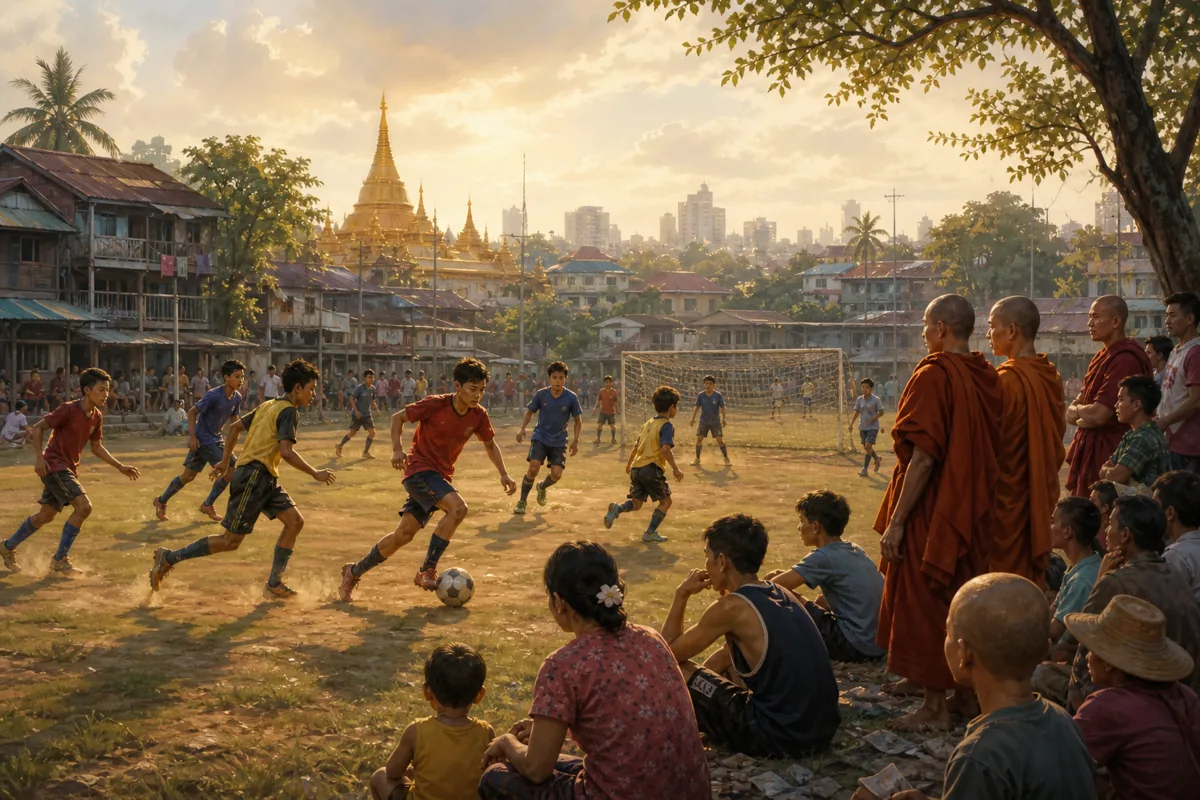 Young fictional Myanmar footballers training on a community pitch beside a Southeast Asian city neighborhood
