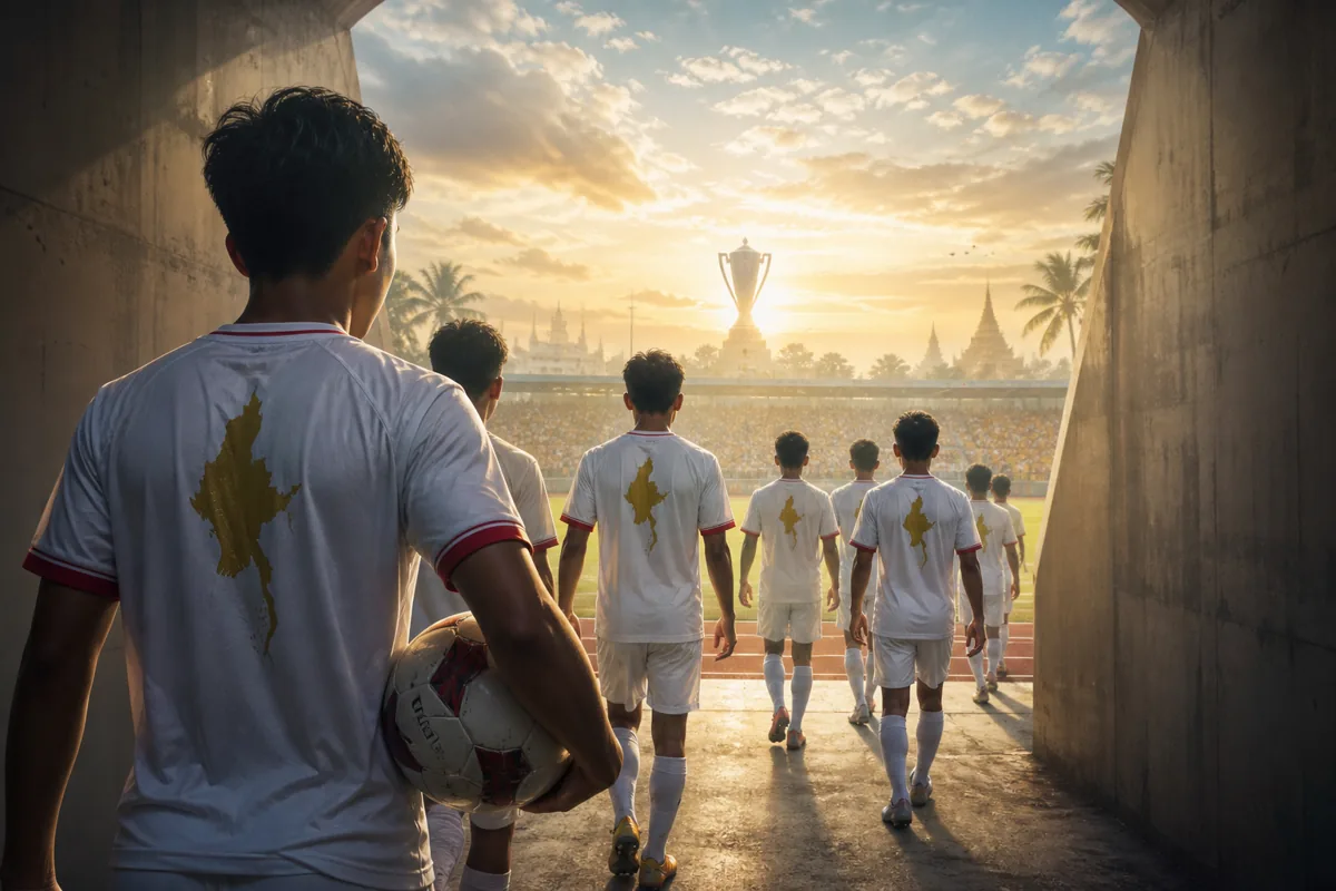 Fictional young Myanmar footballers leaving a stadium tunnel toward a bright pitch and a distant AFC Asian Cup trophy