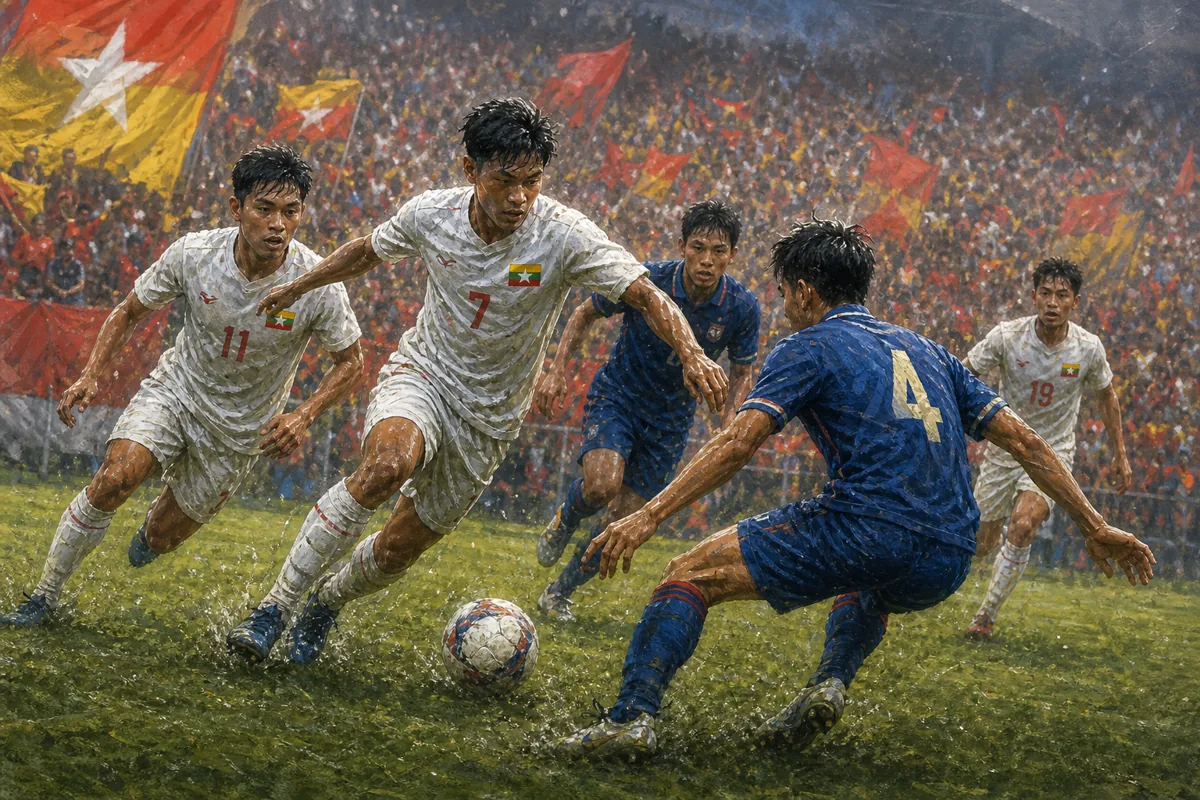 Fictional Myanmar players in white battling a Thailand-inspired opponent in a humid Southeast Asian stadium