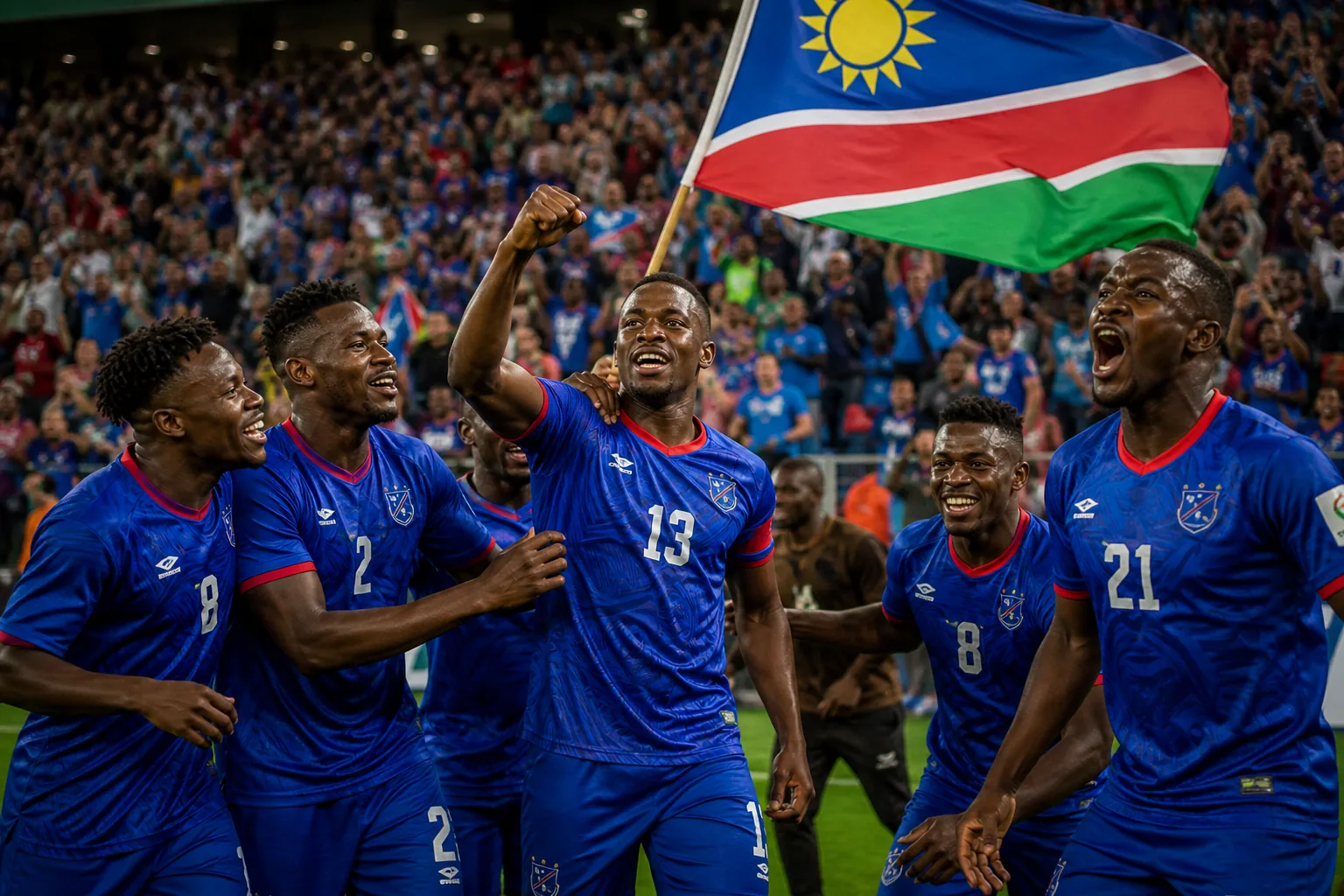 Namibia Brave Warriors preparing together for an AFCON qualifier in blue and red kits