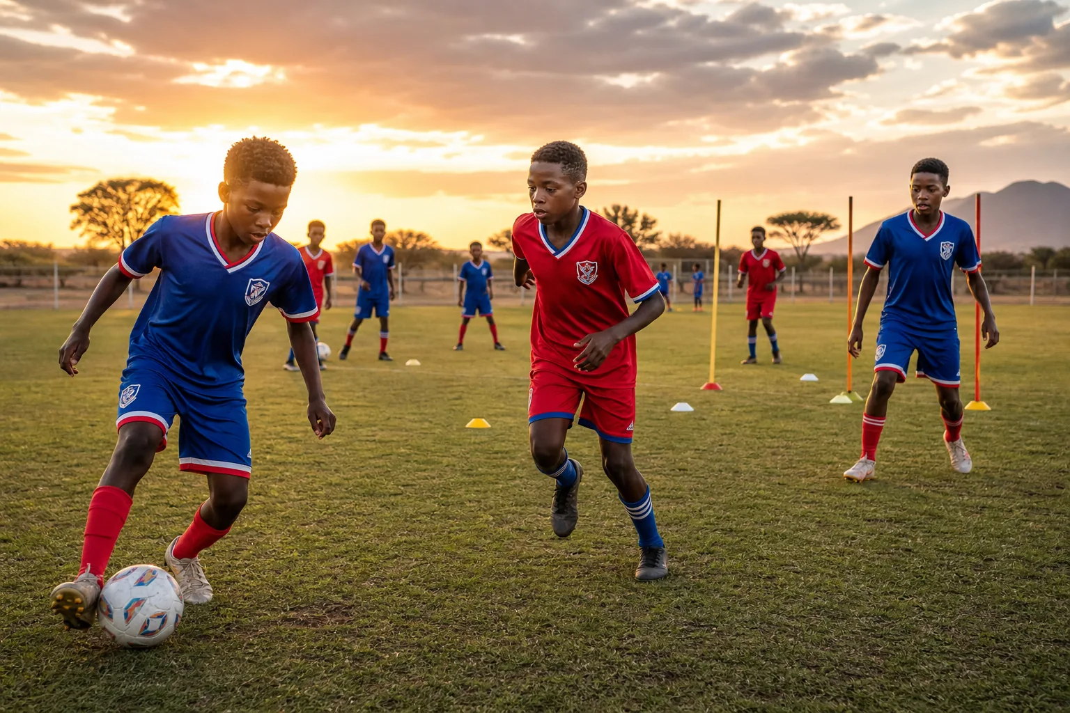 A fictional editorial portrait inspired by Namibia striker Peter Shalulile in a blue-and-red Brave Warriors kit