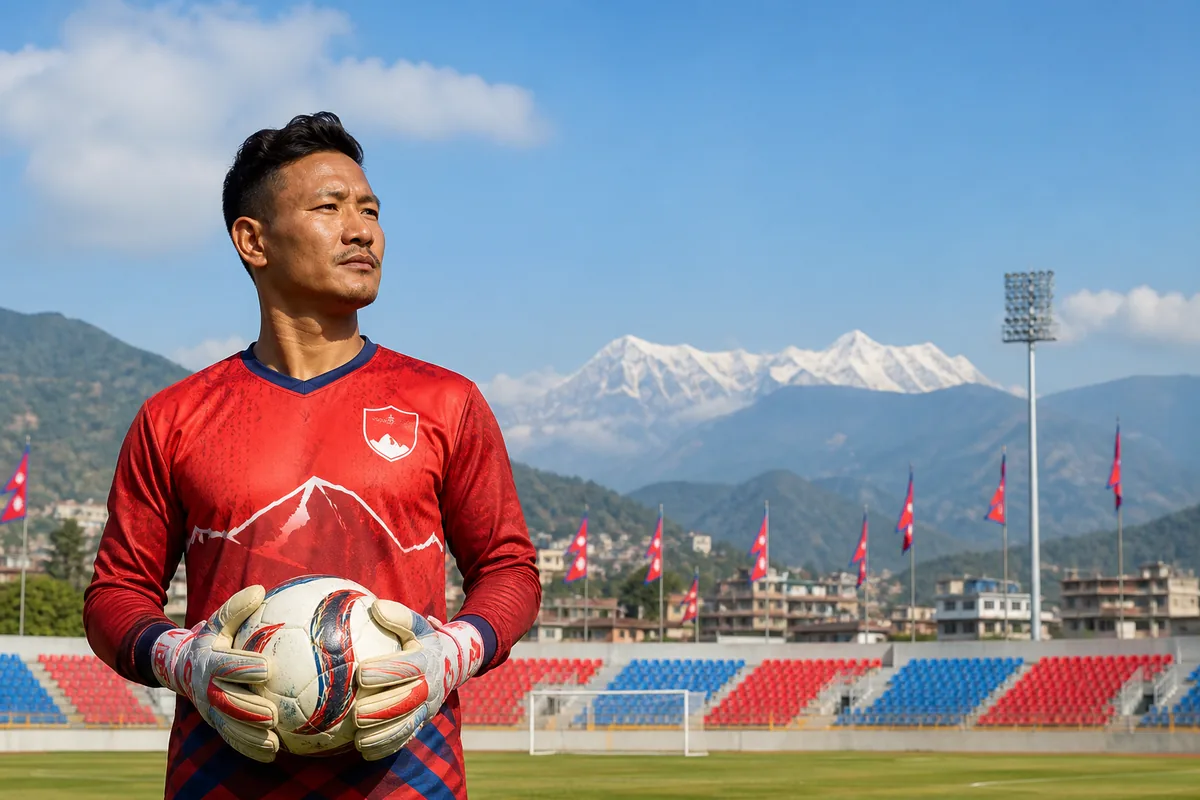 A fictional Nepal national-team goalkeeper inspired by Kiran Chemjong standing before a mountain stadium with red-and-blue flags