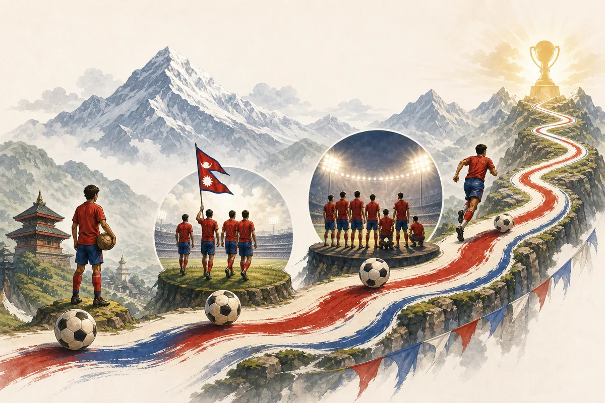 Text-free editorial timeline illustration of Nepal's regional football journey, 2021 final and Asian Cup target