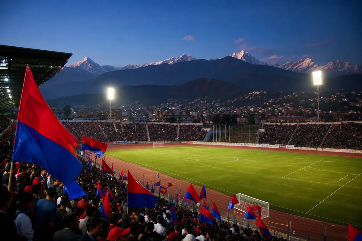 A Dasharath Stadium-inspired football ground in Kathmandu prepared for a South Asian match beneath the hills